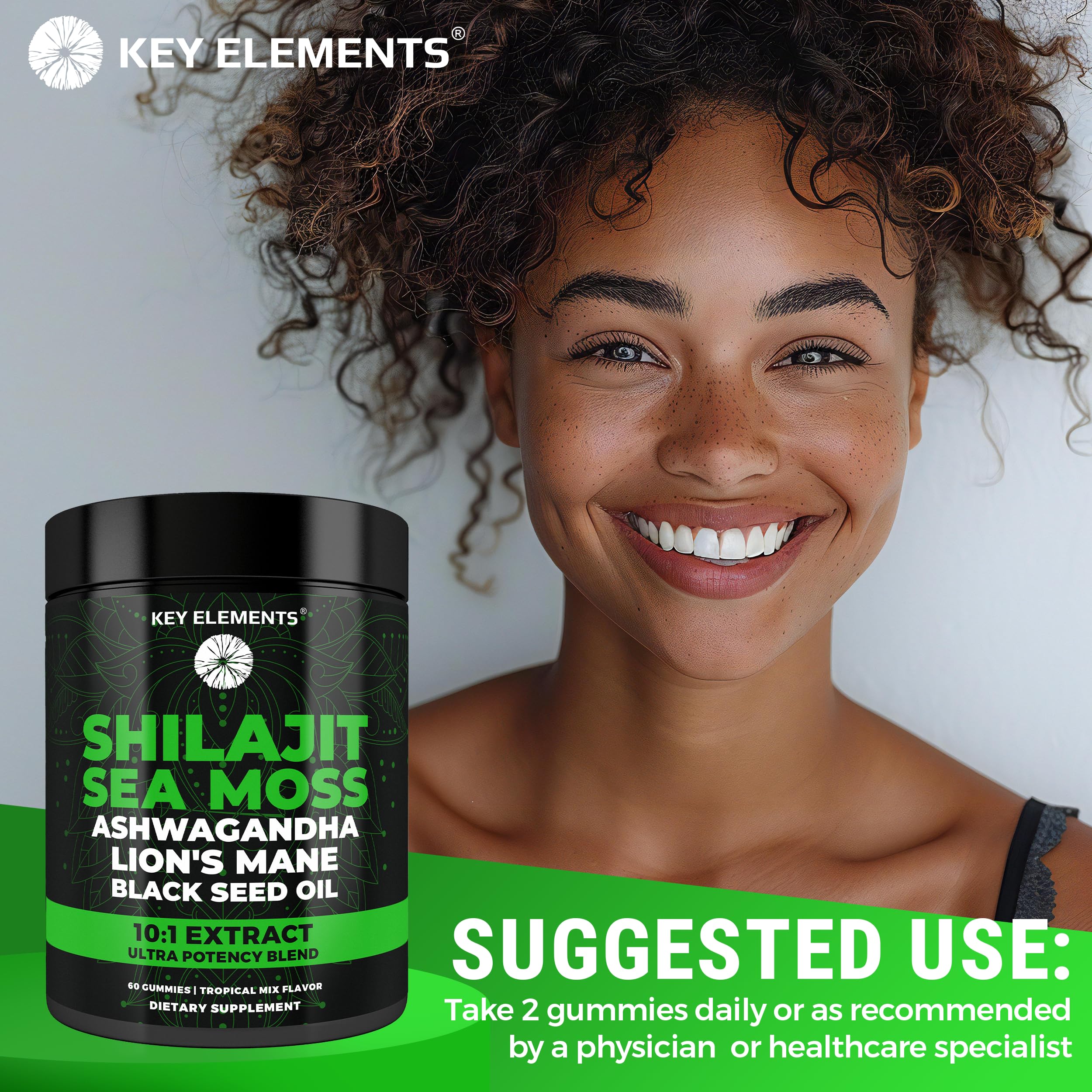 Key Elements ingredientes: Shilajit del Himalaya y Sea Moss en primer plano