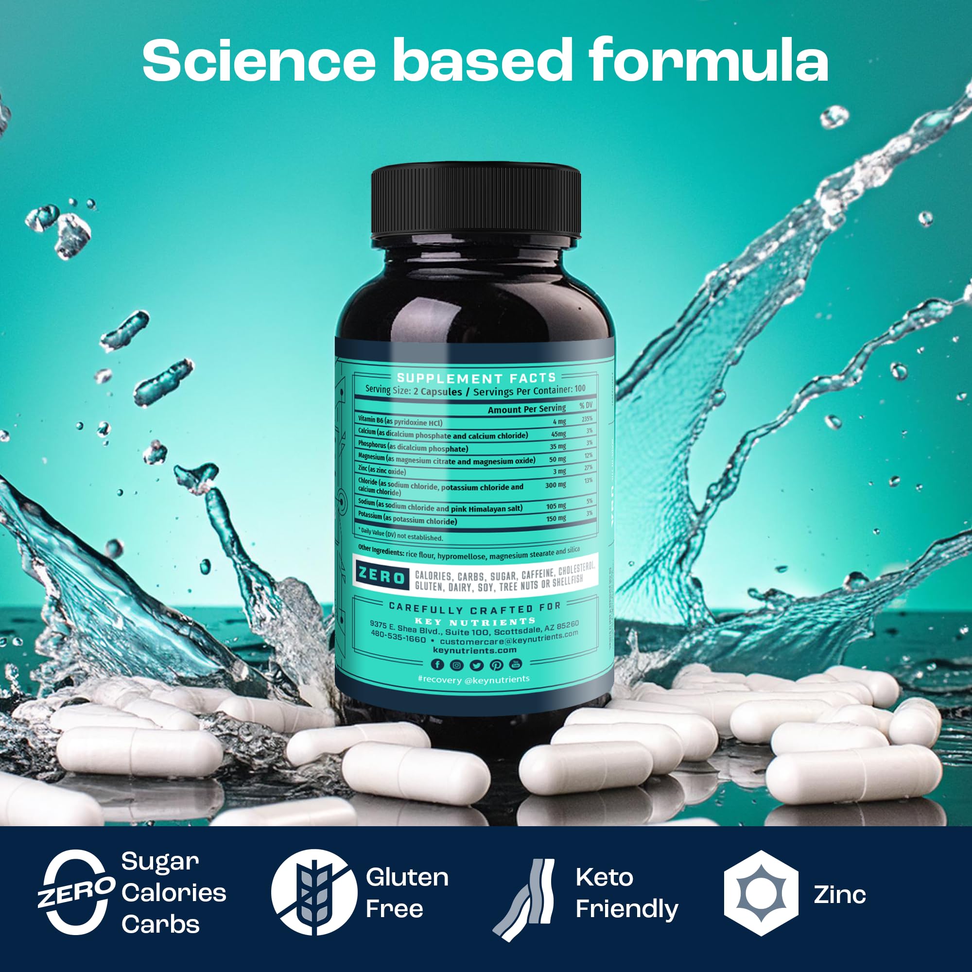 KEY NUTRIENTS etiqueta de ingredientes resaltando seis electrolitos clave