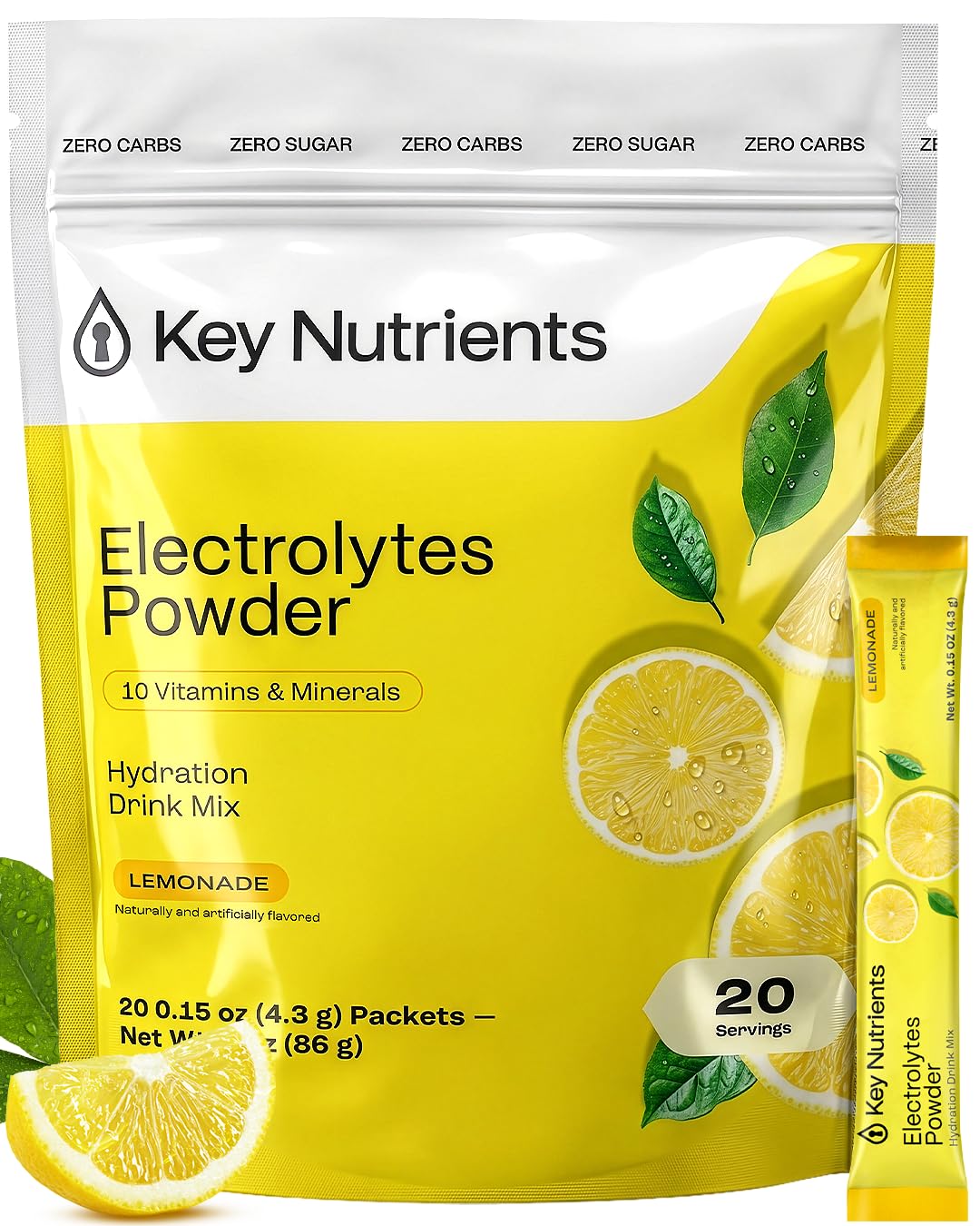 KEY NUTRIENTS empaque frontal mostrando 20 sobres y beneficio de hidratación