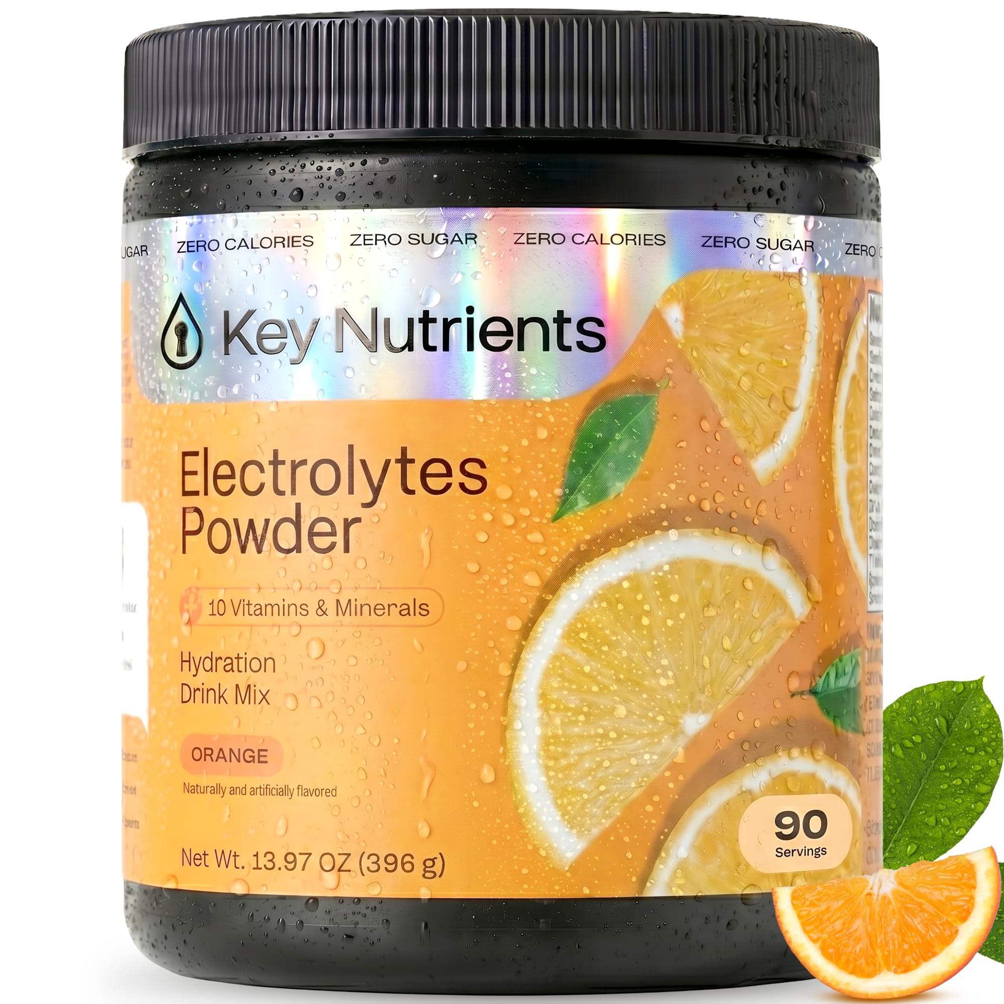 KEY NUTRIENTS frente del envase mostrando etiqueta y sabor naranja
