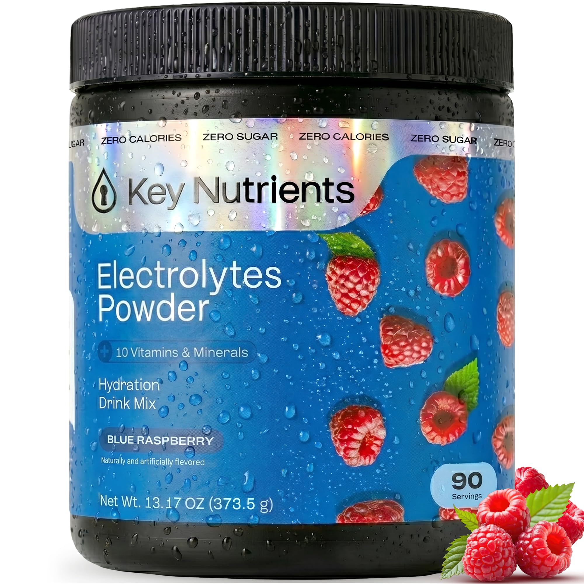 KEY NUTRIENTS frasco frontal mostrando 90 servicios y sabor blue raspberry