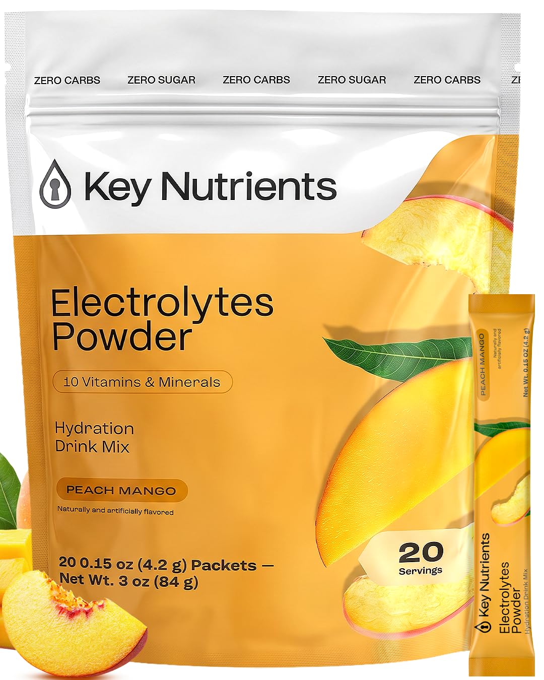 KEY NUTRIENTS caja frontal durazno-mango mostrando presentación portátil y sabor