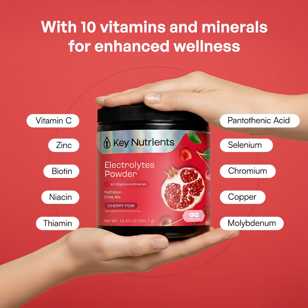 KEY NUTRIENTS vaso con bebida cherry pom lista, hidratación sin calorías