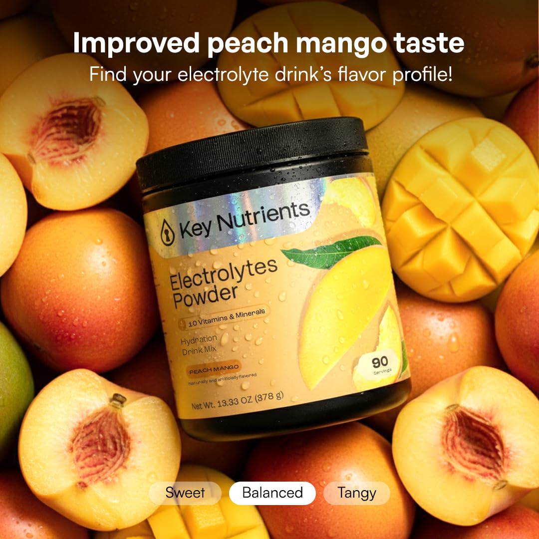 KEY NUTRIENTS vaso preparado durazno mango listo para beber y refrescar