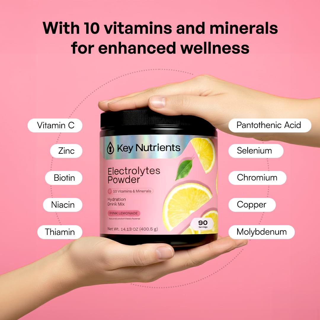 KEY NUTRIENTS vaso rosa con bebida clara que demuestra hidratación sin calorías