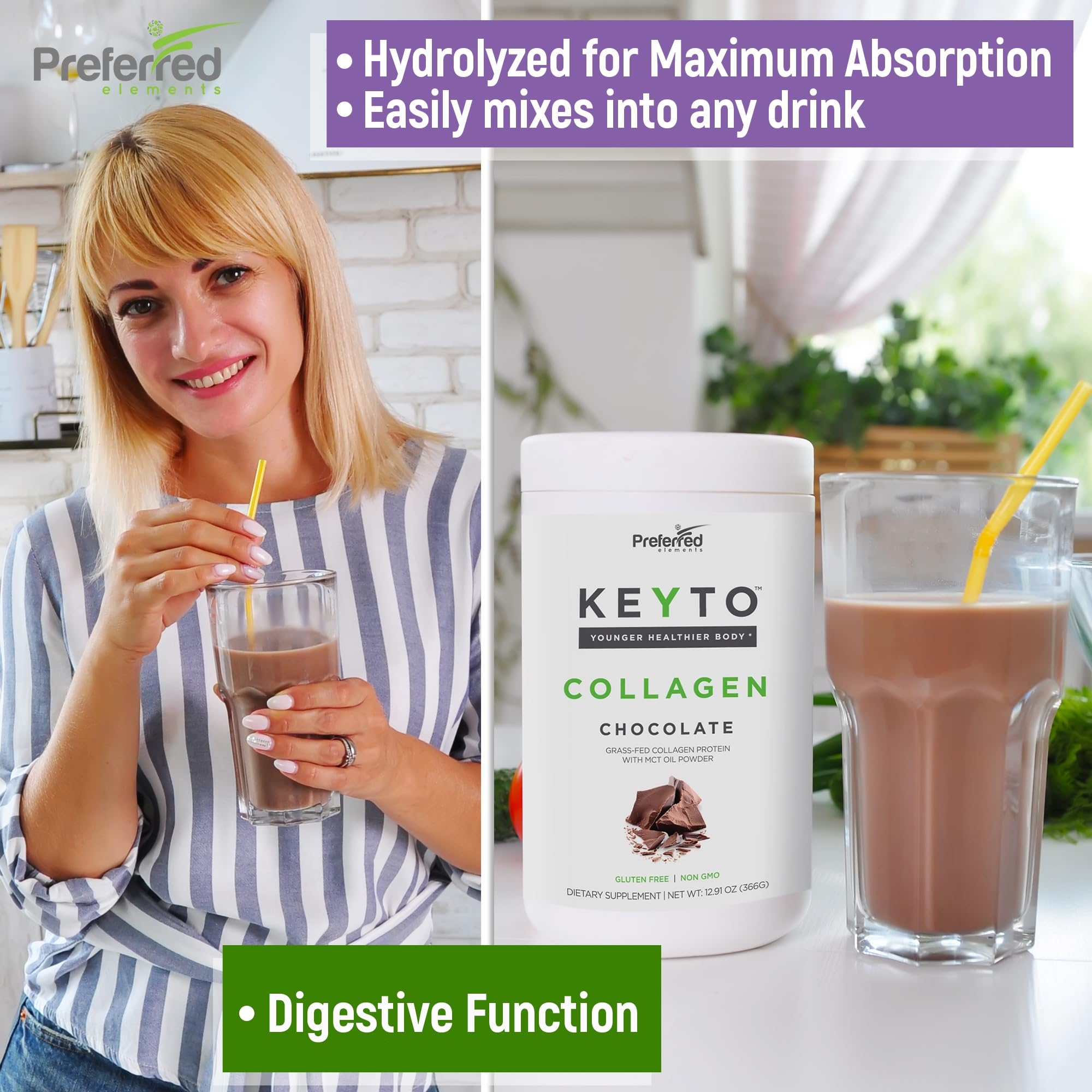 Preferred Elements KEYTO polvo mezclado en café latte, energía y sabor a chocolate