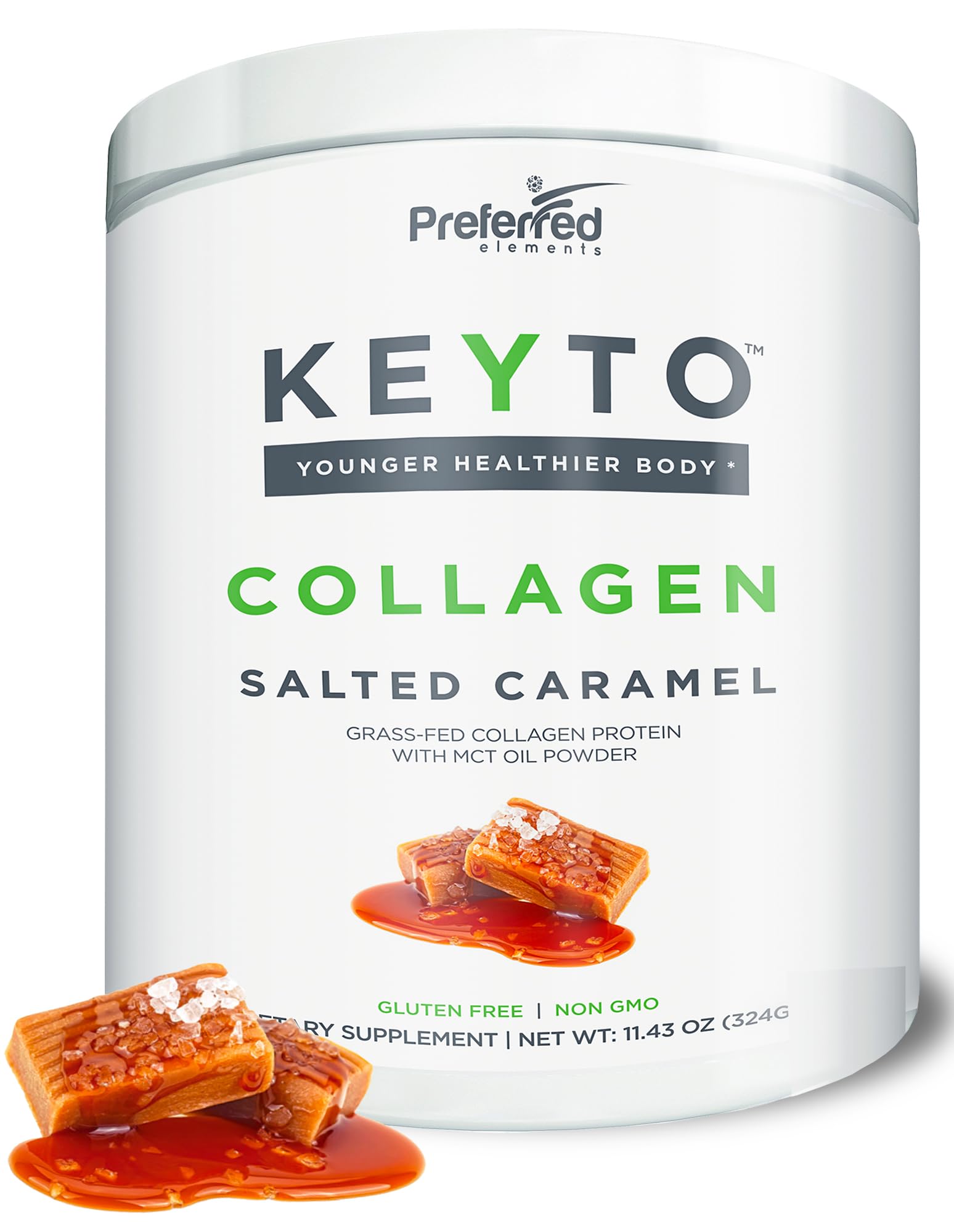 Preferred Elements KEYTO vista frontal del envase mostrando sabor caramelo salado y beneficio energético