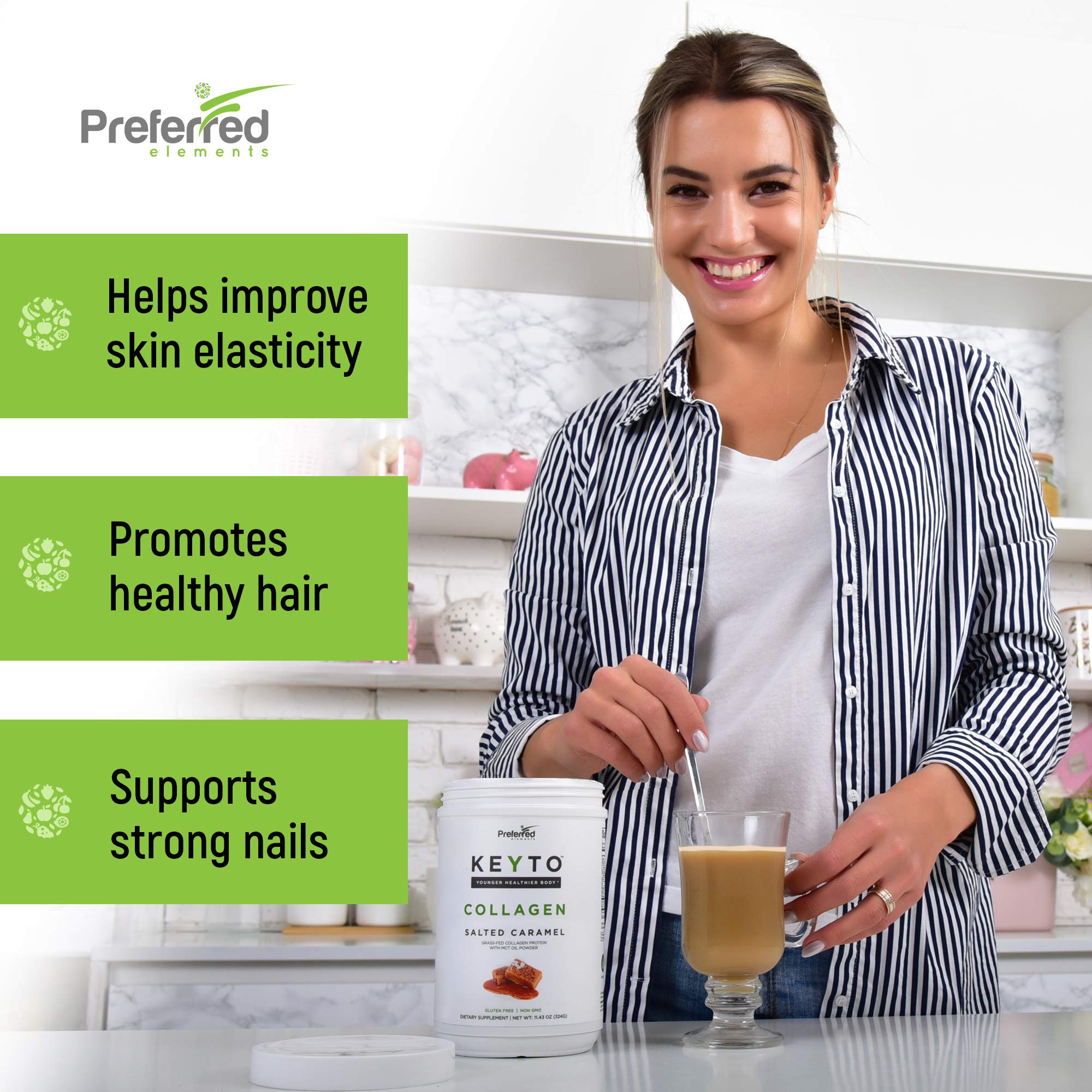 Preferred Elements KEYTO polvo mezclado en café demostrando energía cetogénica y sabor agradable