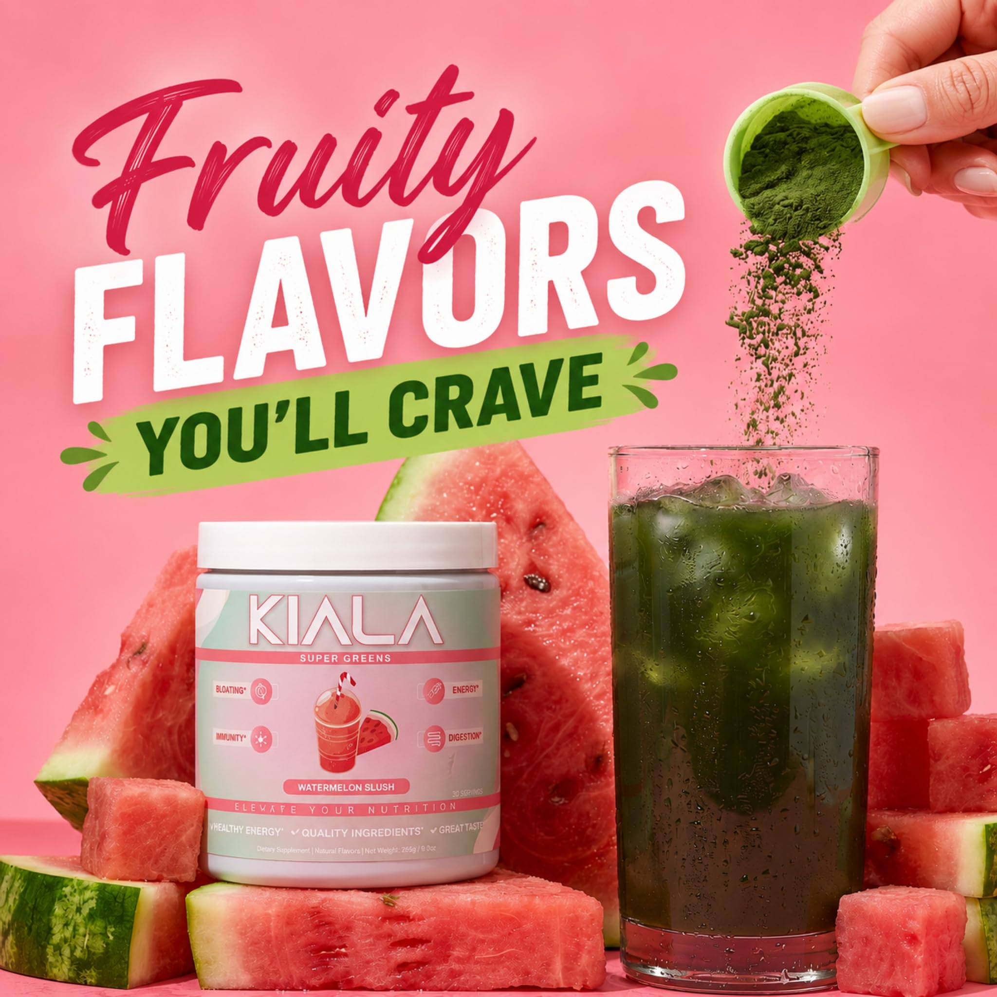 Kiala Nutrition ingredientes: spirulina, chlorella y hojas verdes, aporte concentrado