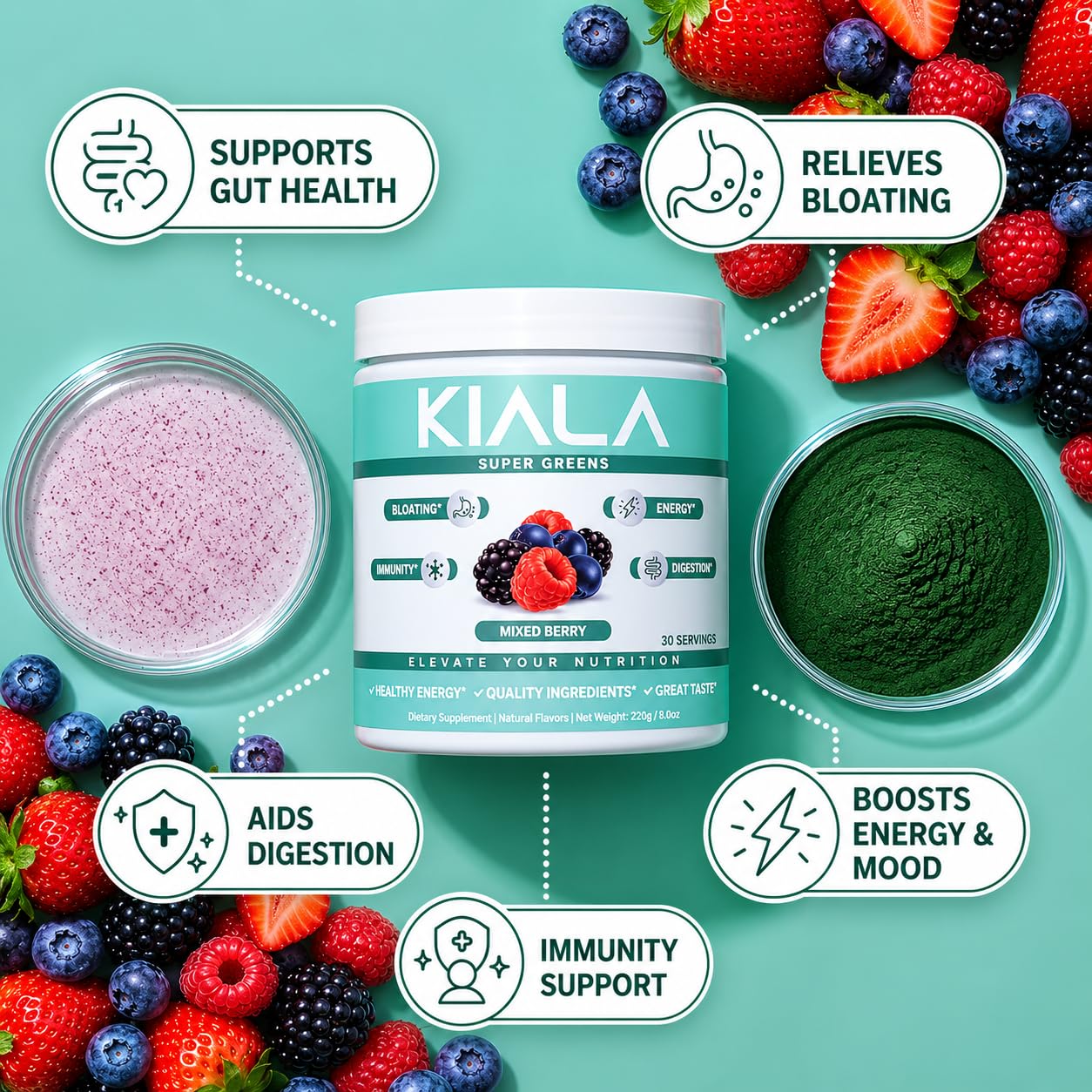 Kiala Nutrition scoop con polvo mostrando la porción diaria práctica