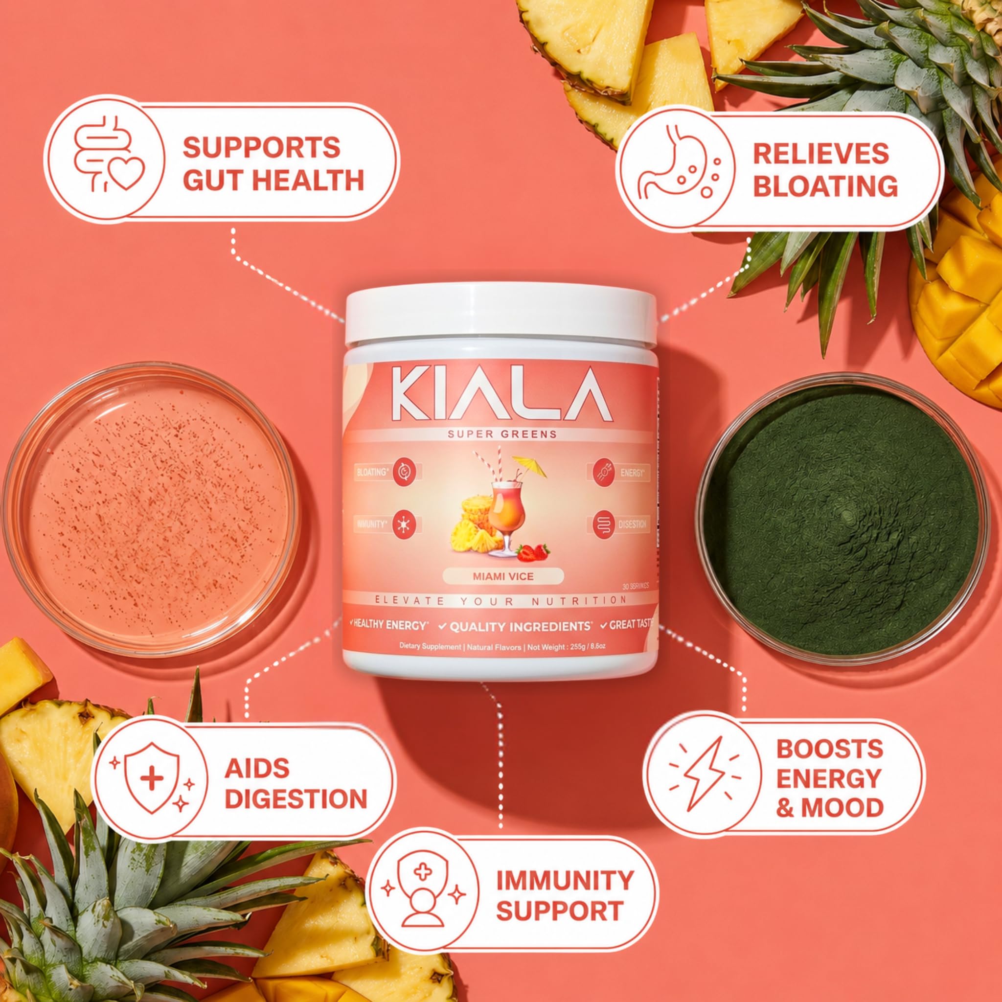Kiala Nutrition polvo textura fina, mezcla fácil de disolver y color vibrante