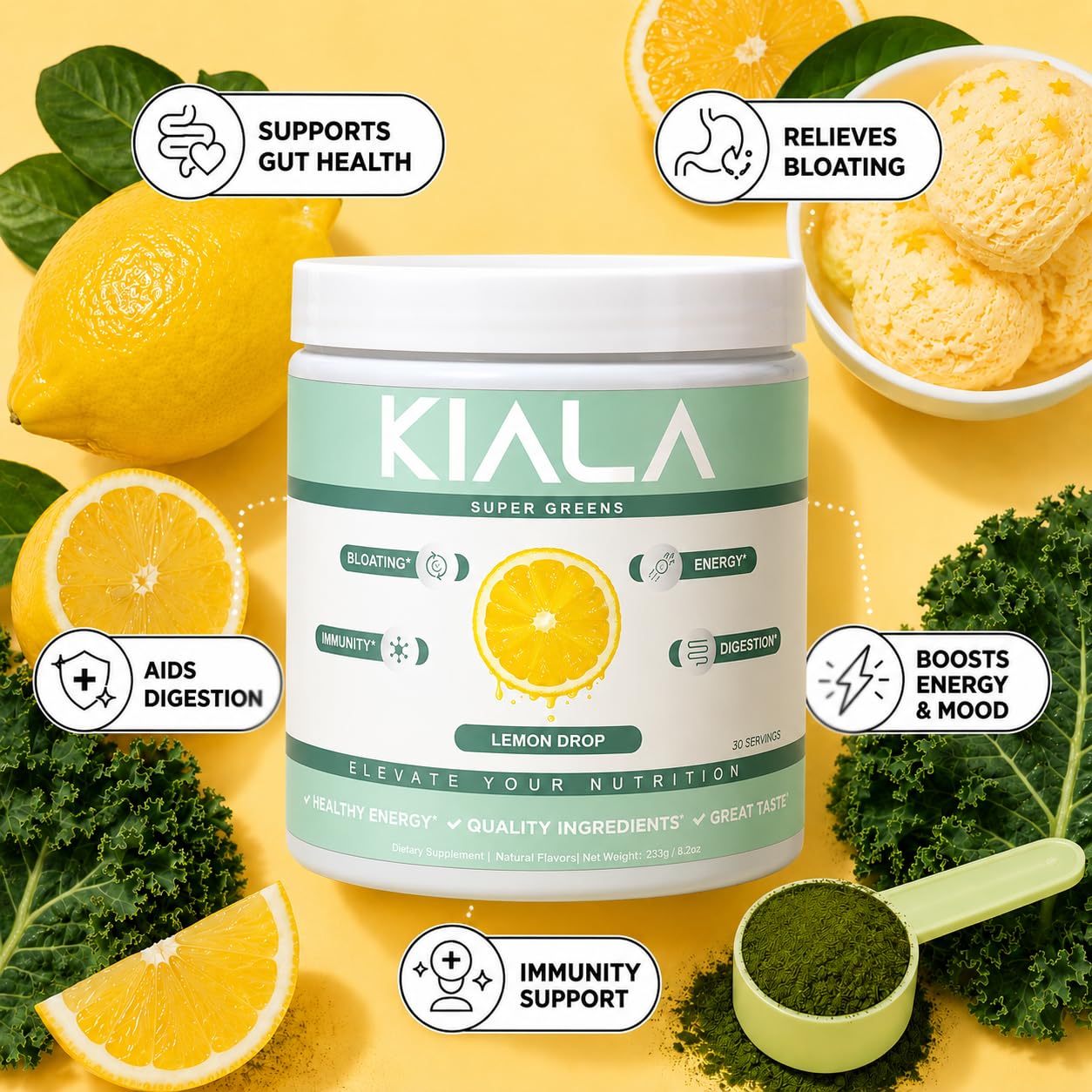 Kiala Nutrition polvo verde textura fina que facilita disolución