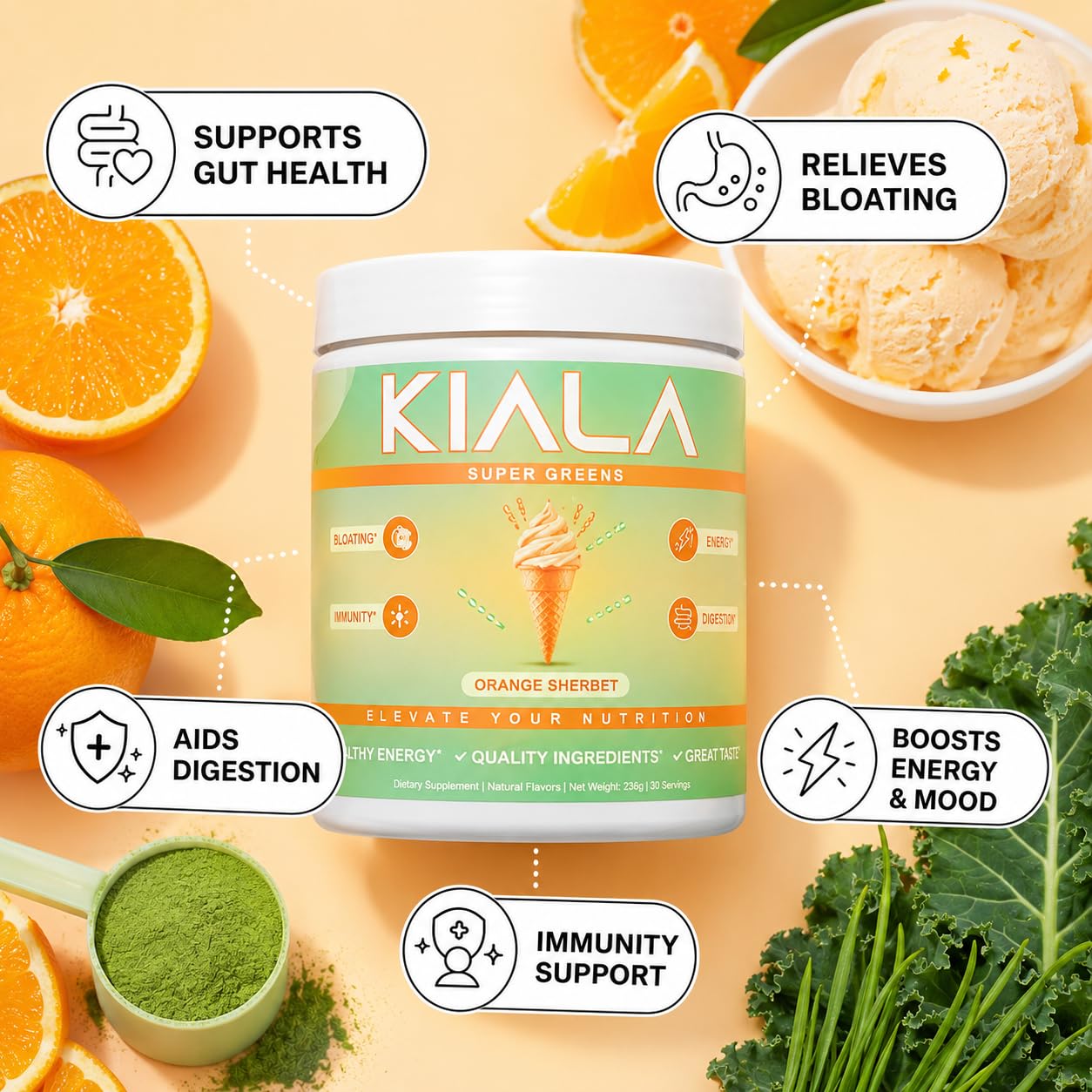 Kiala Nutrition polvo de Super Greens en primer plano mostrando textura fina y mezcla fácil
