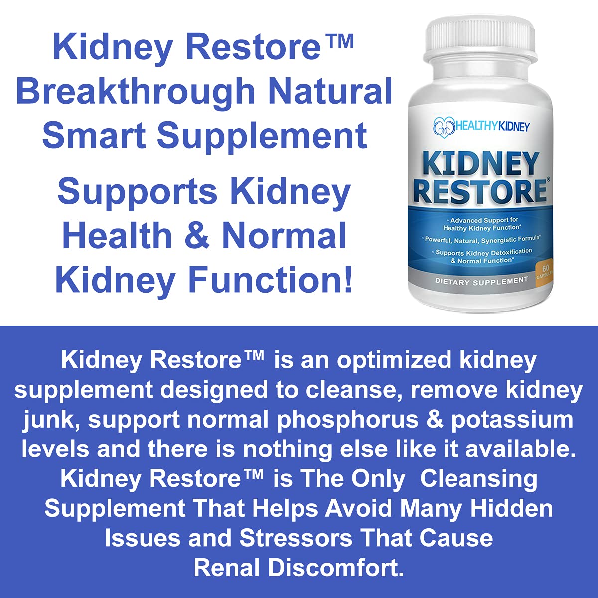 Botella Kidney Restore junto a mano para ver escala de tamaño