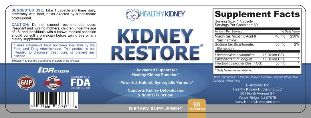 Kidney Restore en mesa de cocina con alimentos saludables como inspiración