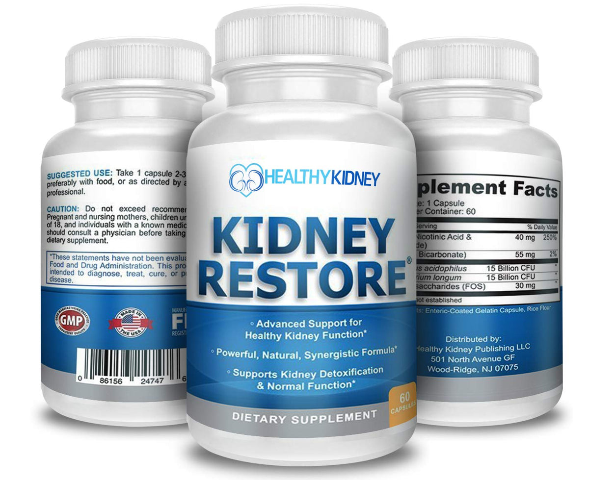 Kidney Restore frasco frontal mostrando el empaque y apoyo visible