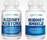 Kidney Restore y Kidney Shield frontal mostrando el paquete y beneficios.