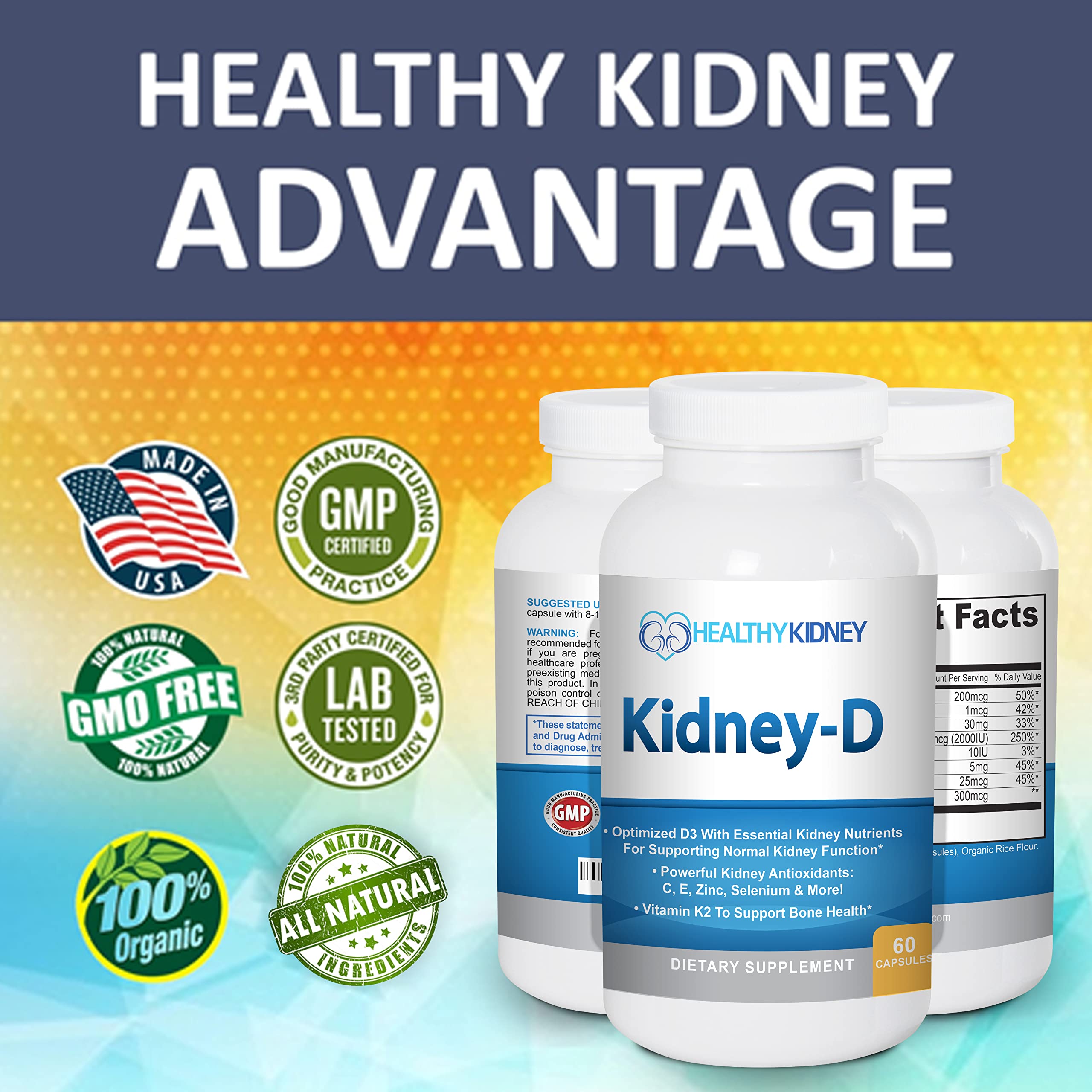 Kidney Restore envase abierto con tabla de ingredientes y concentraciones