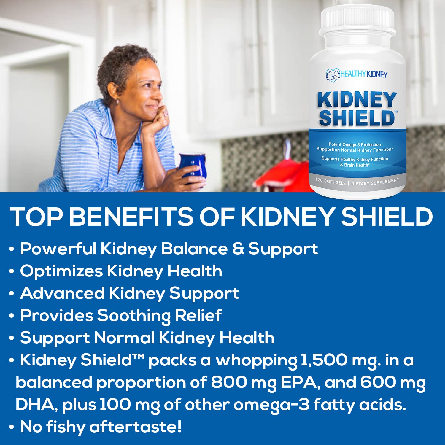 cápsula Kidney Shield entre dedos para comparar tamaño y facilidad de ingesta