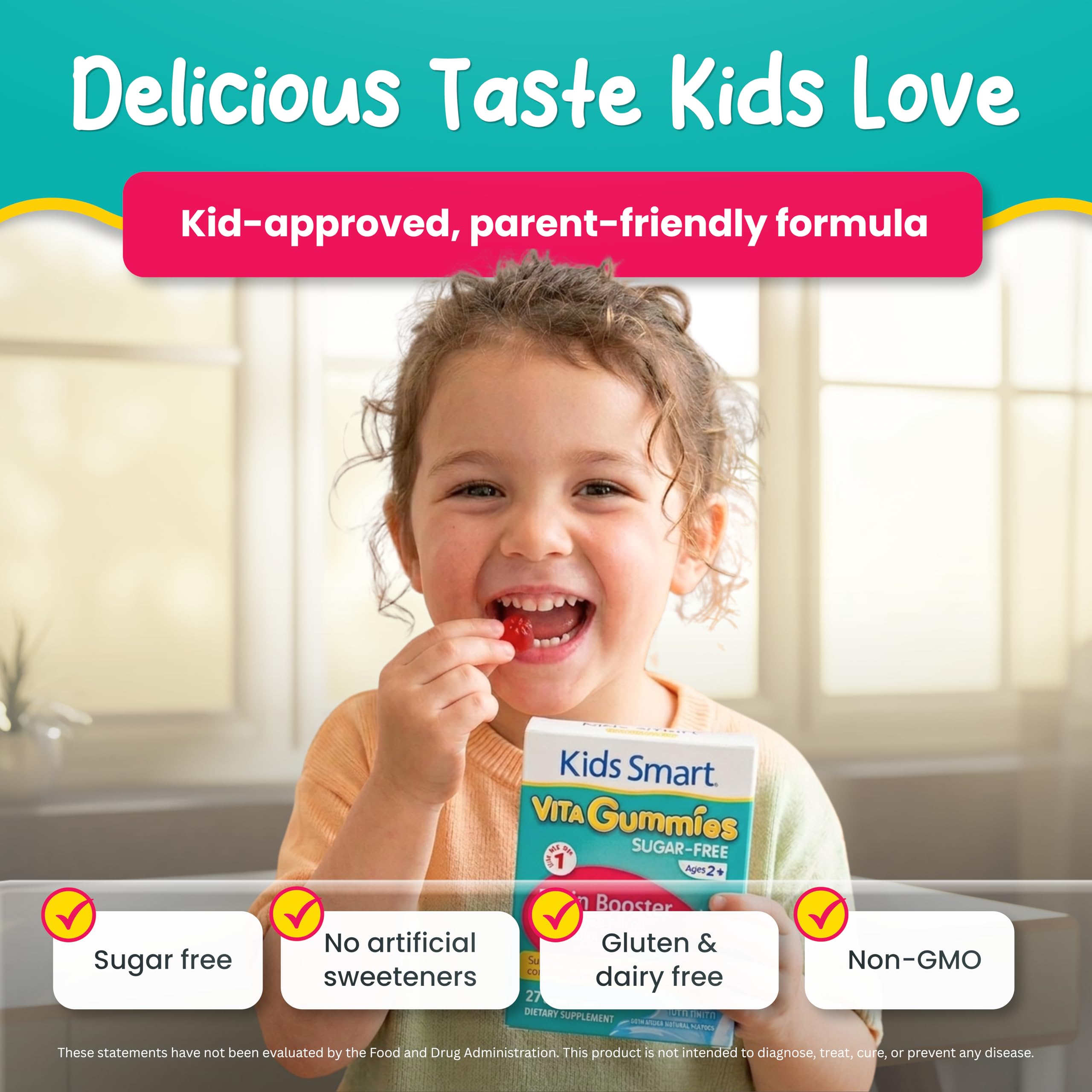 KIDS SMART hijo tomando gomita en desayuno, apoya concentración