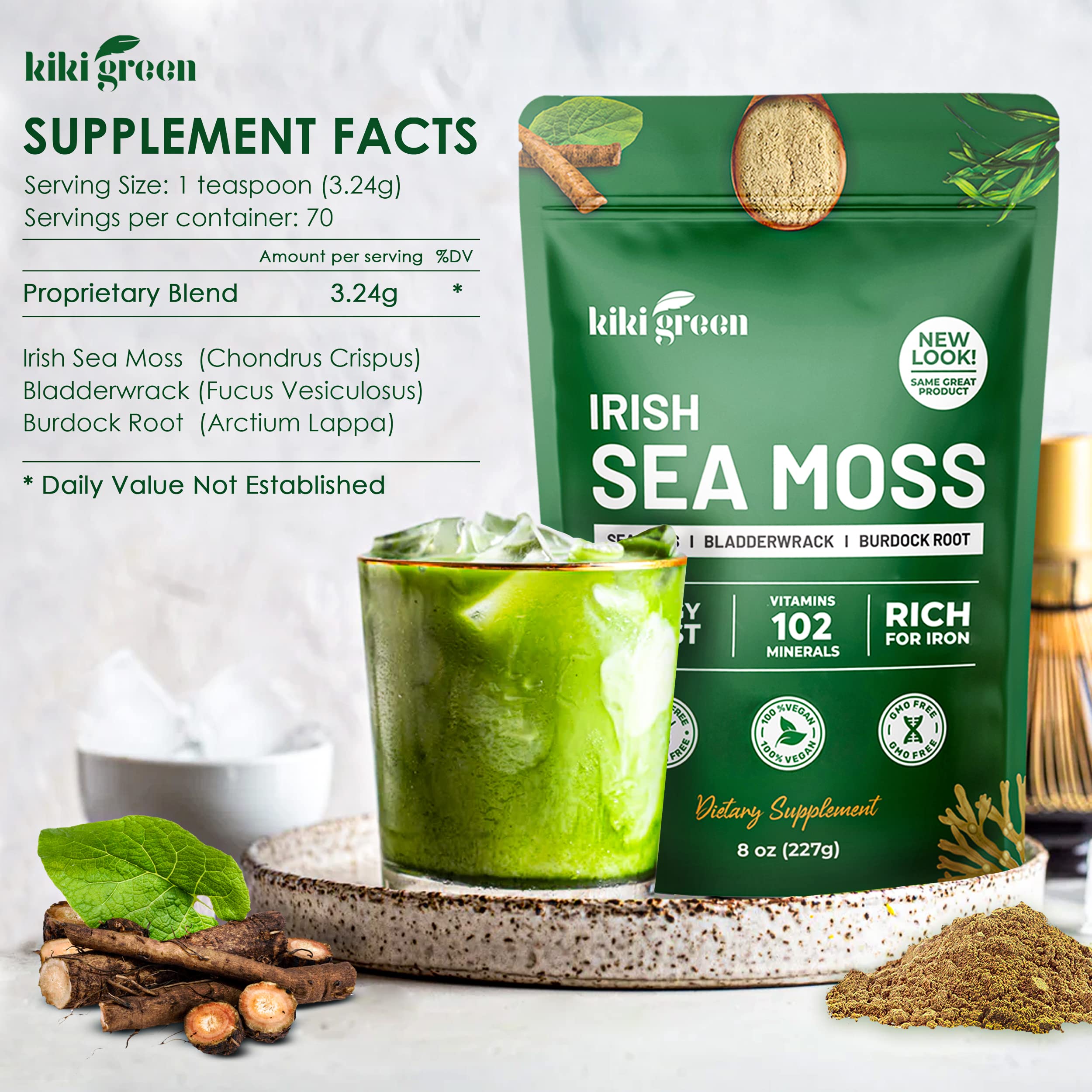 KIKI Green mezcla de musgo fucus y bardana mostrando ingredientes naturales