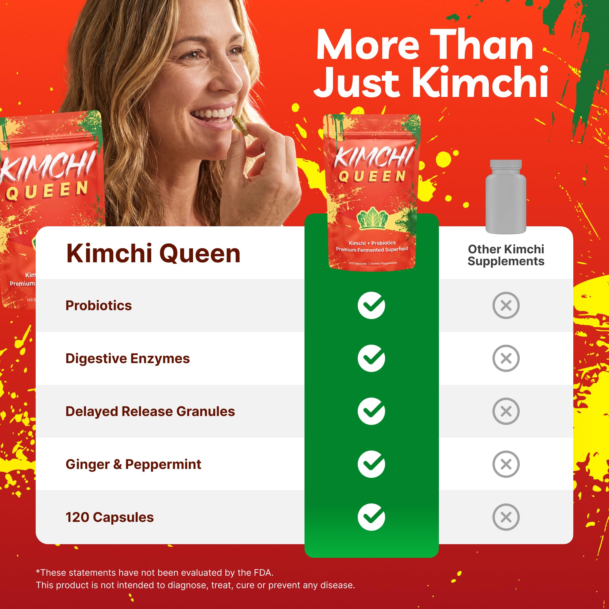 Kimchi Queen cápsulas en mano al tomar, demostrando formato vegano práctico