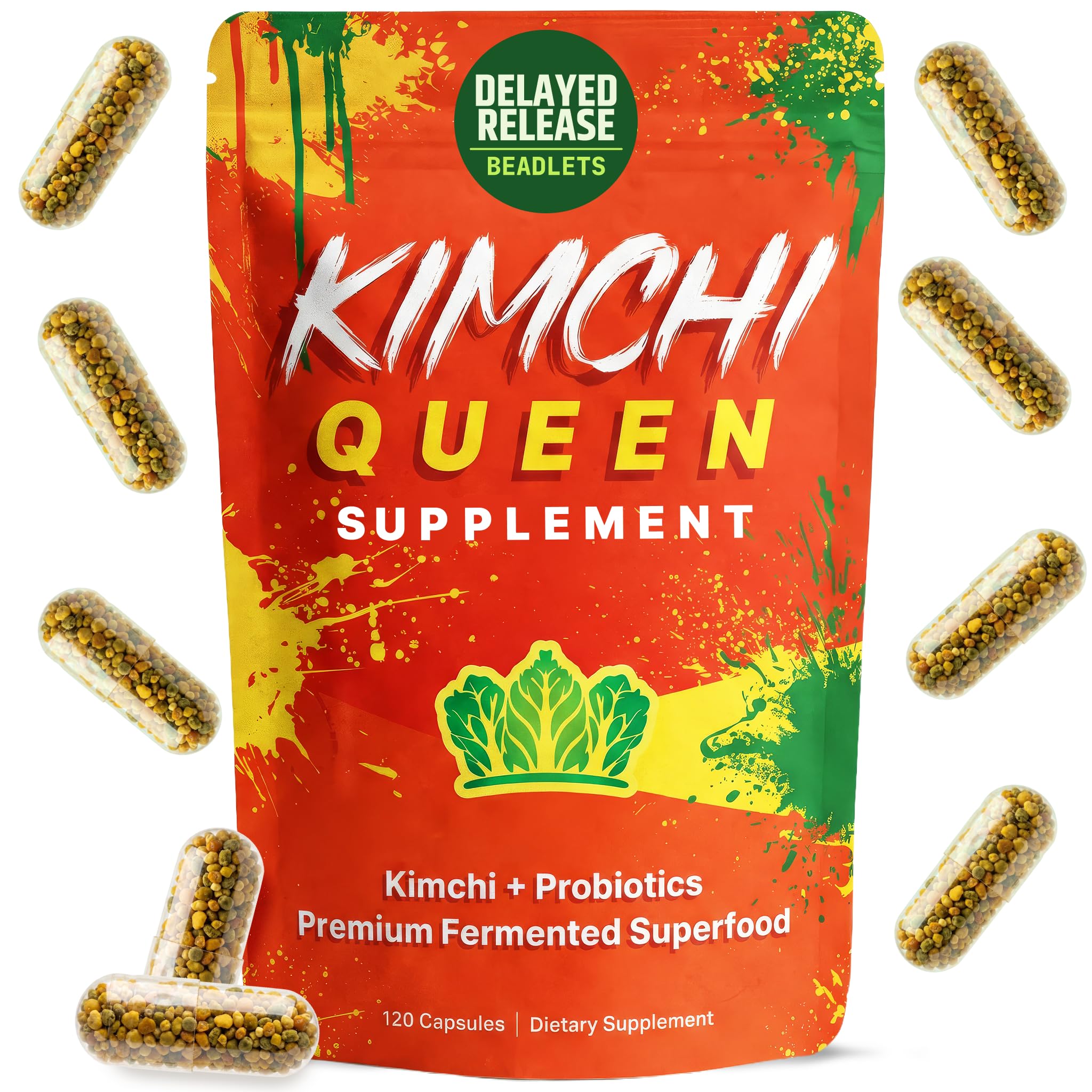 Kimchi Queen frontal del envase mostrando marca y beneficios principales