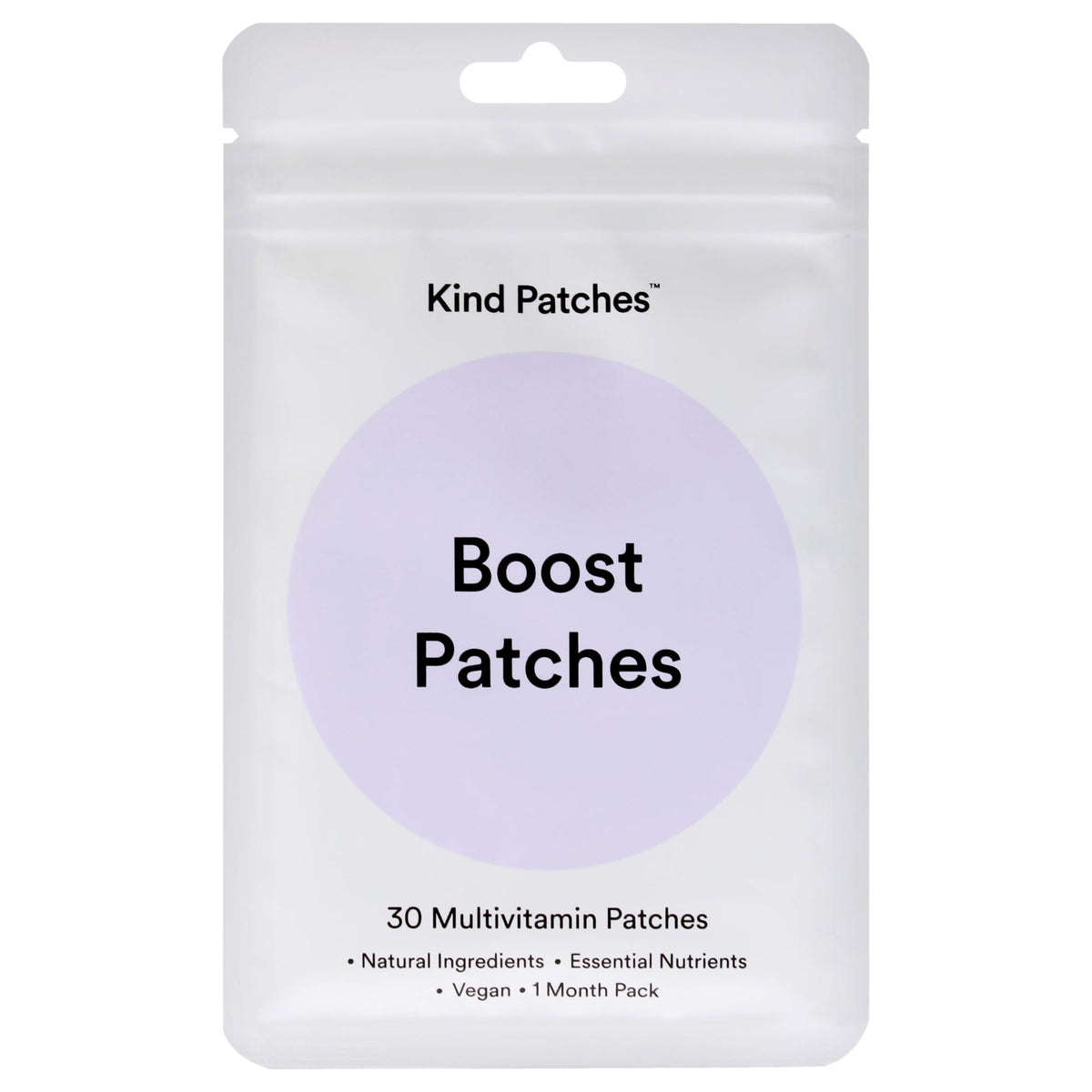 Kind Patches, empaque frontal del parche mostrando conveniencia y energía