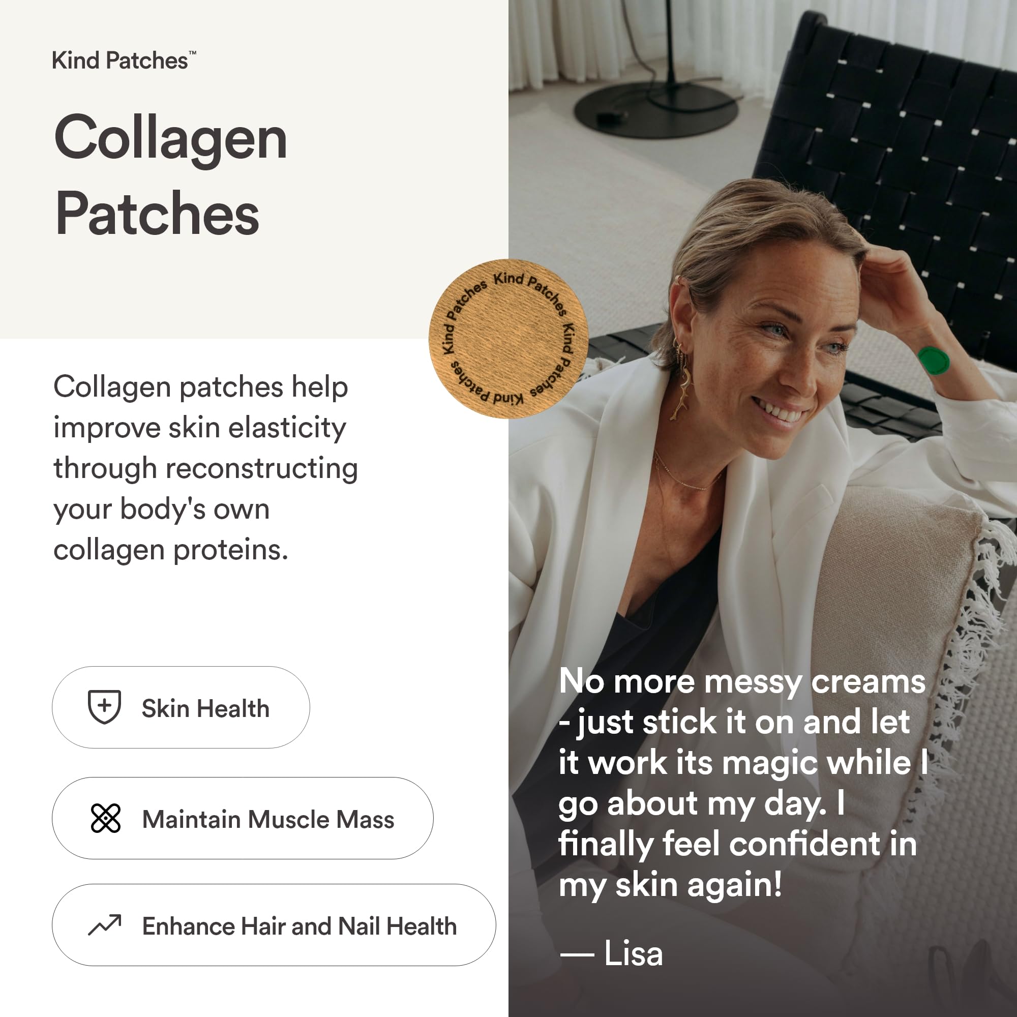 Kind Patches etiqueta con ingredientes destacando vitamina C y beneficios