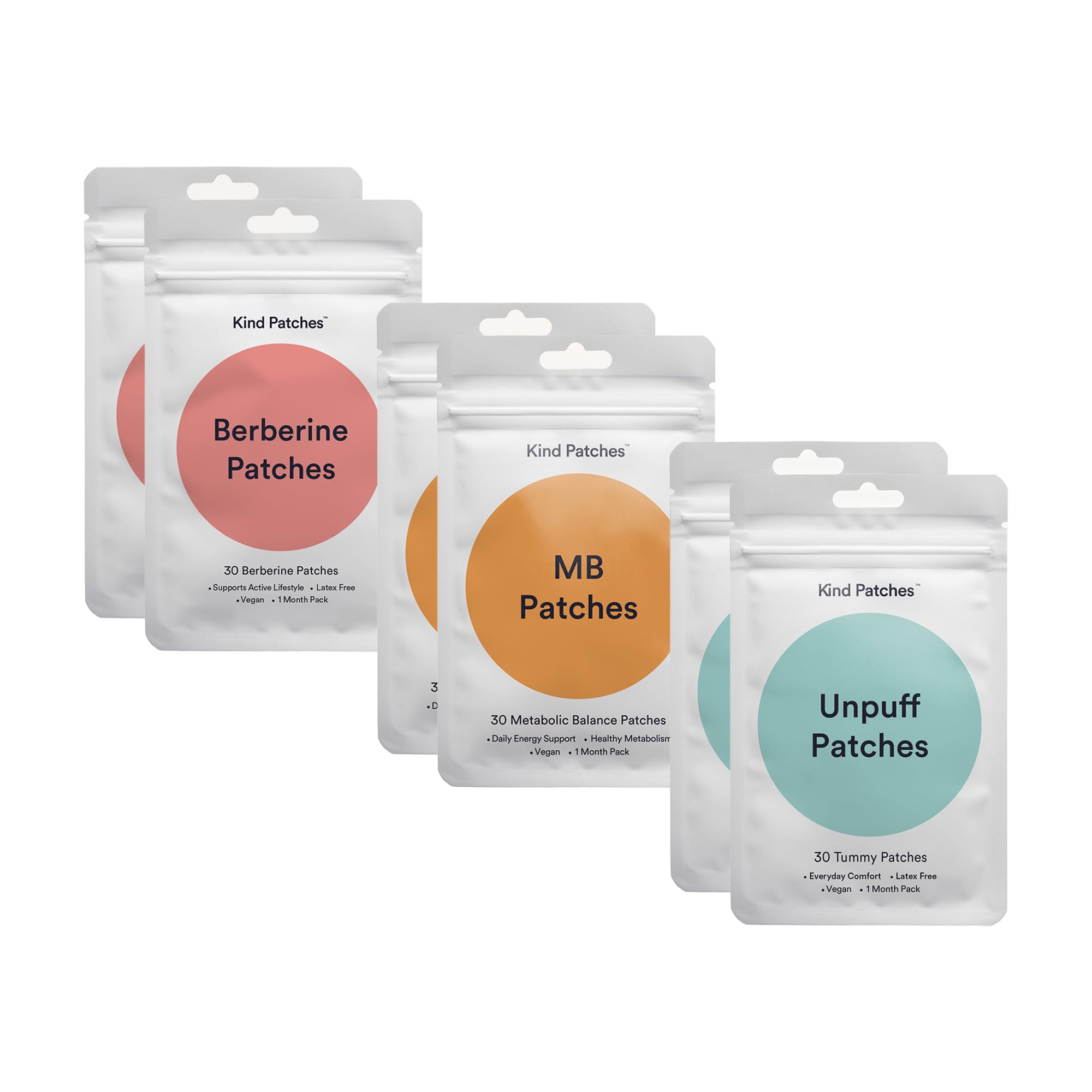 Kind Patches empaque frontal mostrando las tres fórmulas y beneficio de variedad