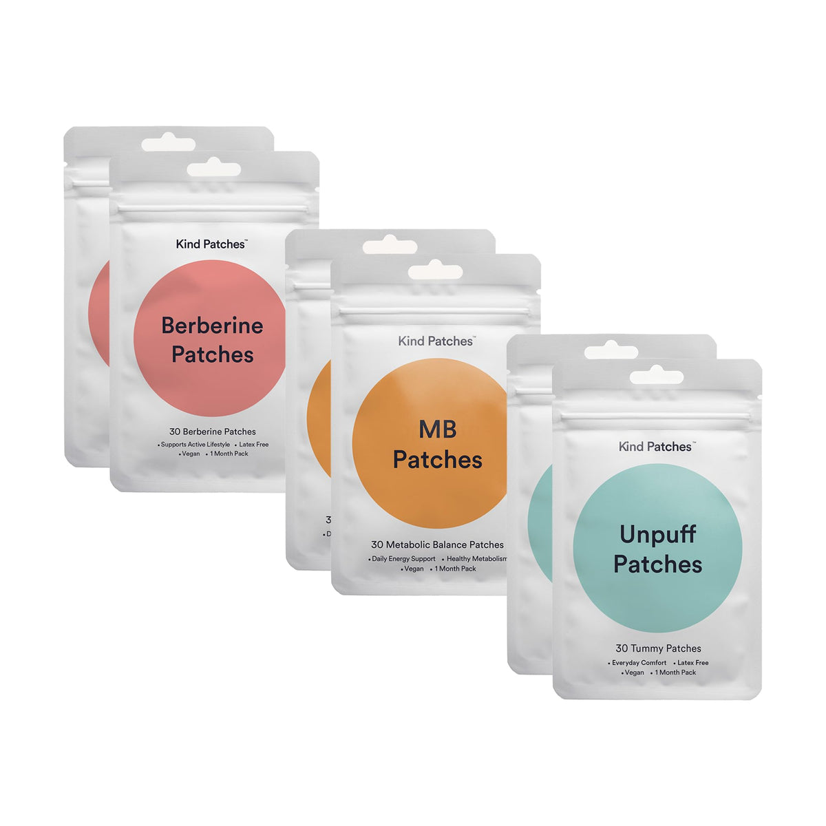 Kind Patches empaque frontal mostrando las tres fórmulas y beneficio de variedad