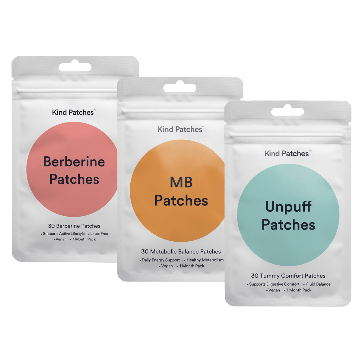 Kind Patches pack frontal mostrando las tres fórmulas, fácil elección