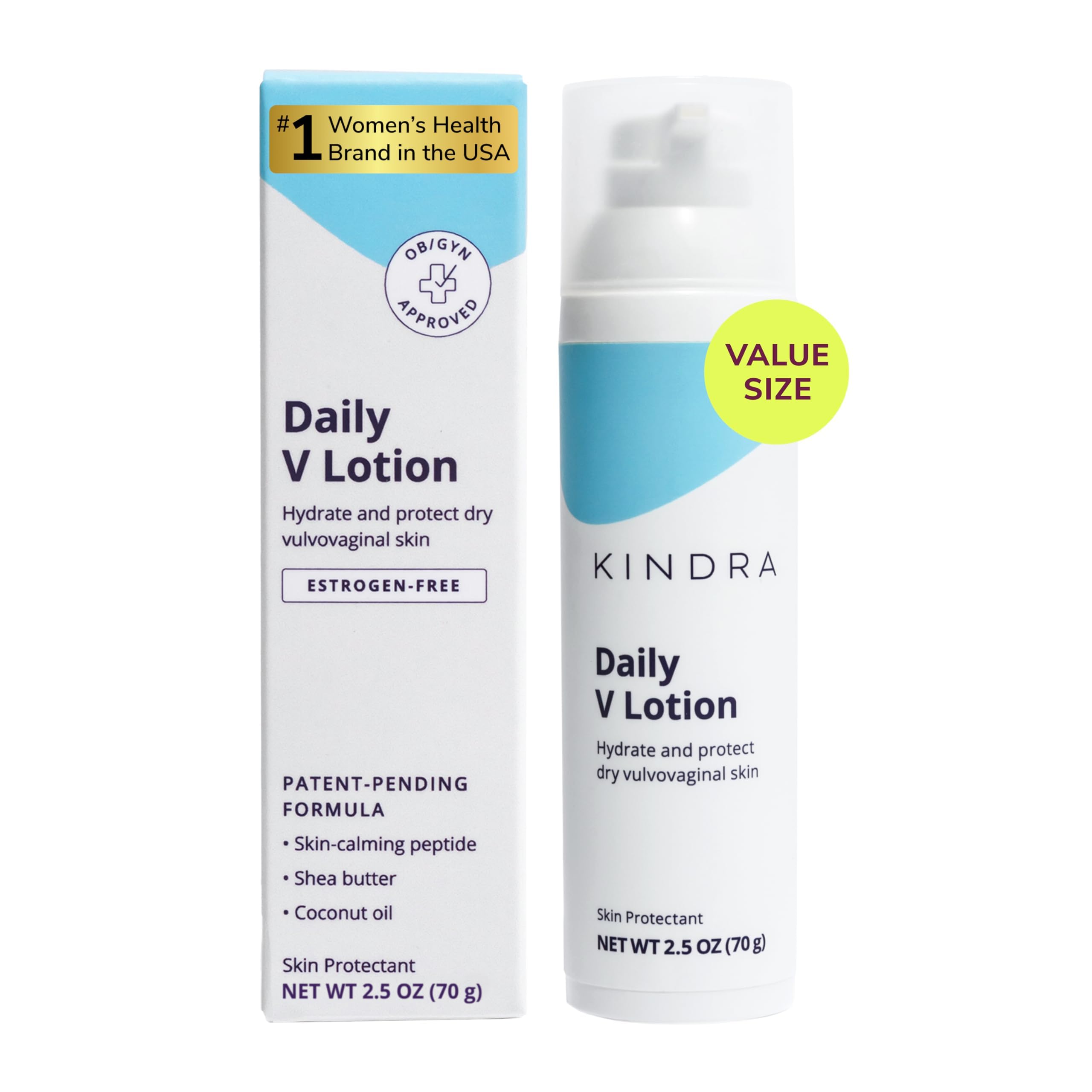 Kindra loción frontal mostrando el envase y la cantidad, claridad y confianza