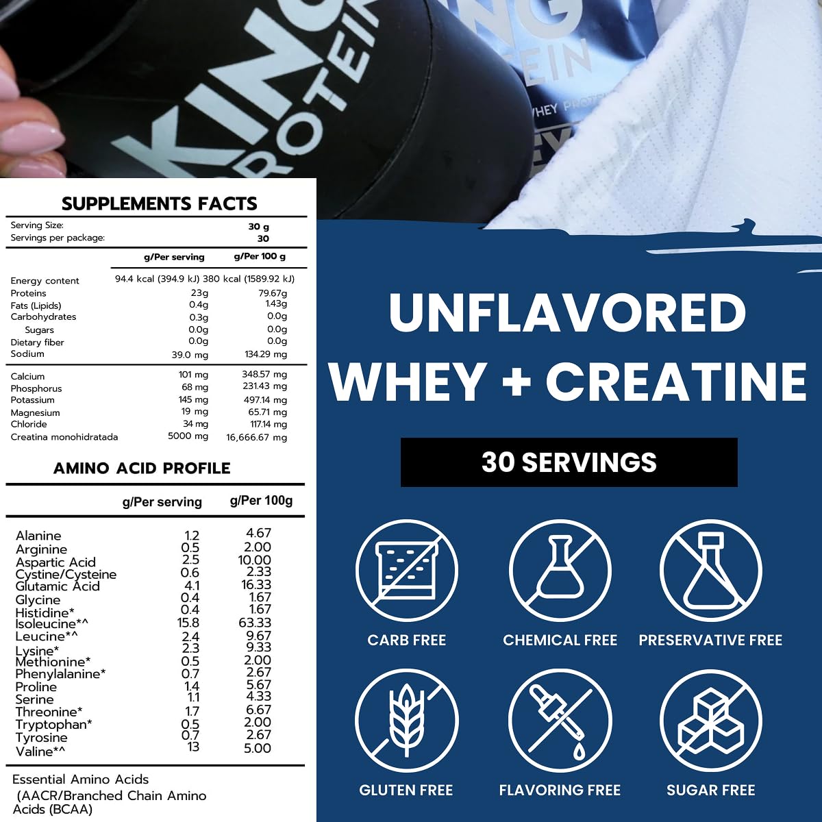KING Protein envase en bolsa de deporte para uso antes y después de entrenar