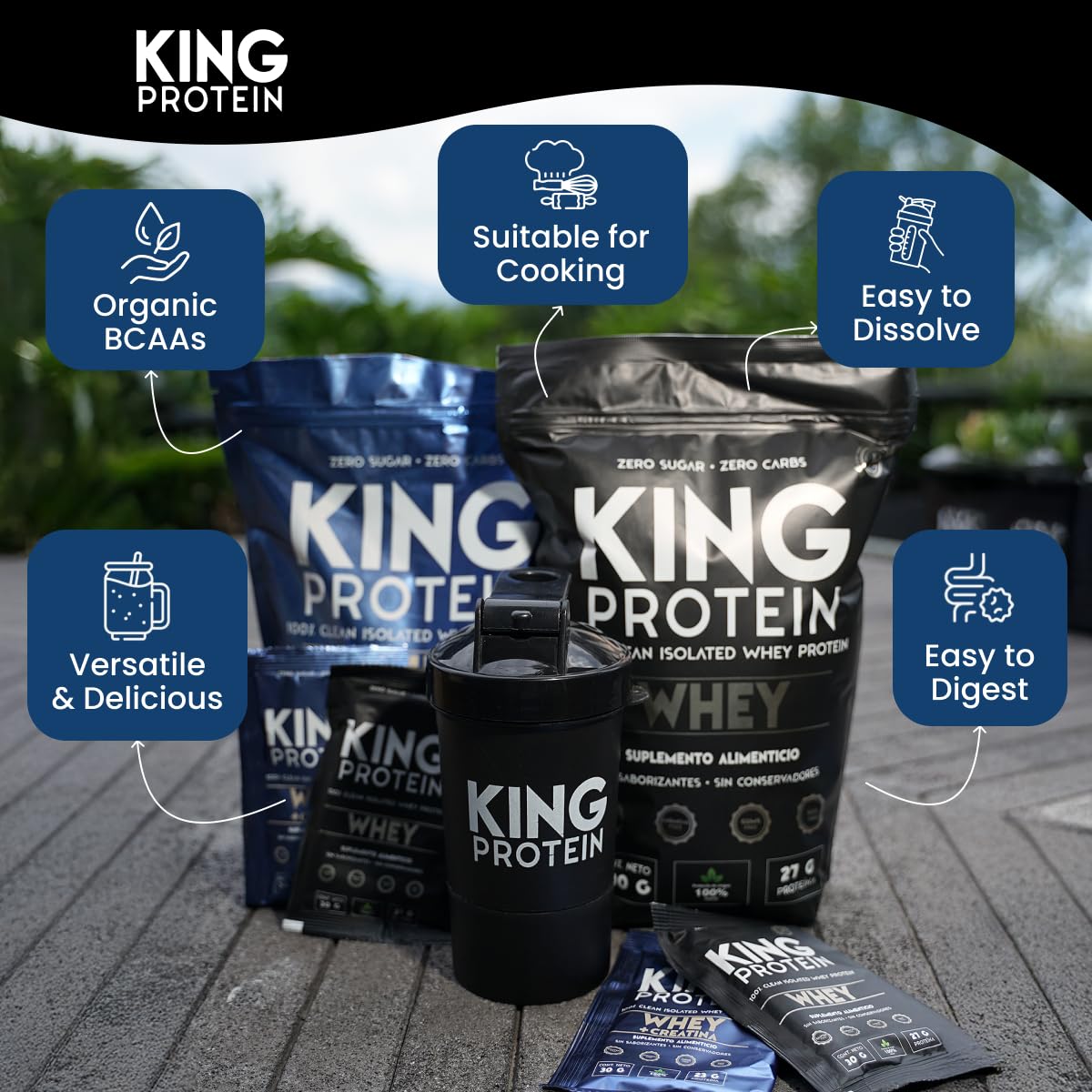 KING Protein cucharada con porción que muestra 27g por servicio y escala