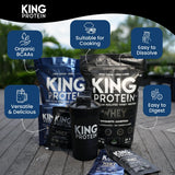 KING Protein cucharada con porción que muestra 27g por servicio y escala
