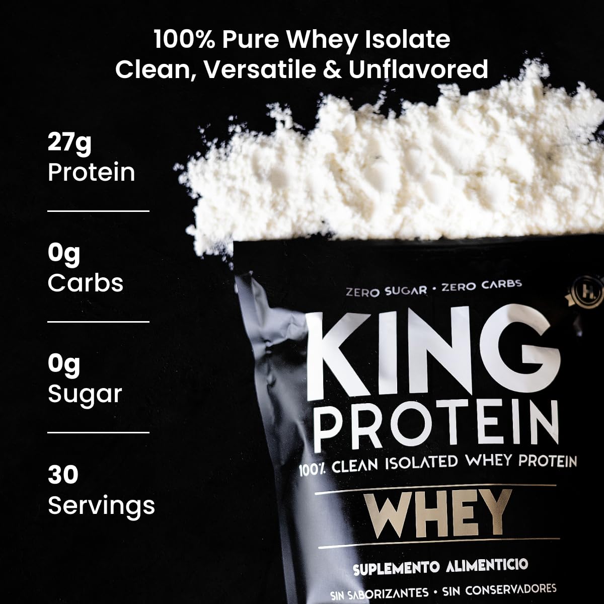 KING Protein polvo textura cercana que destaca pureza y mezcla fácil