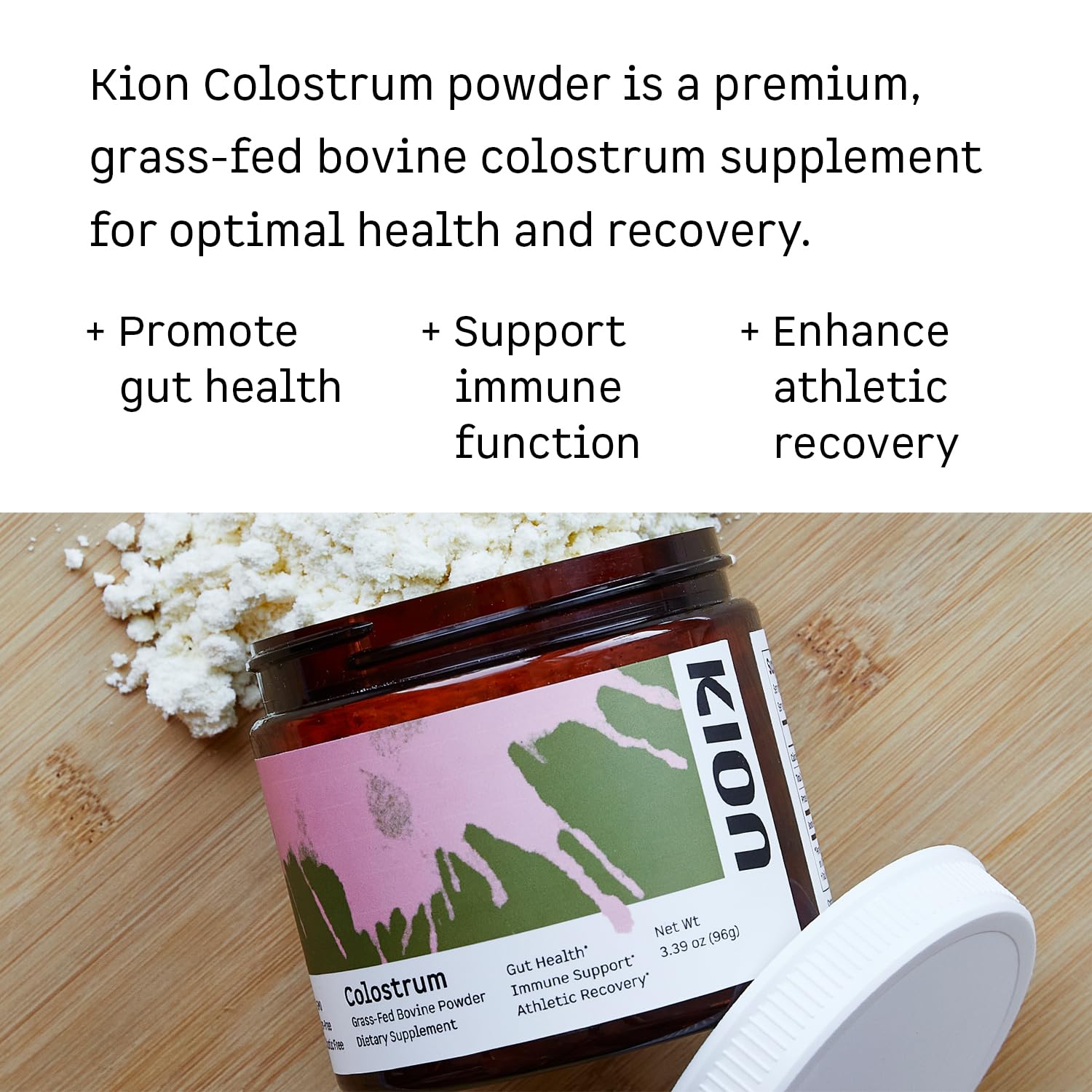 Kion Colostrum polvo textura en primer plano, fácil de mezclar