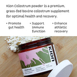 Kion Colostrum polvo textura en primer plano, fácil de mezclar