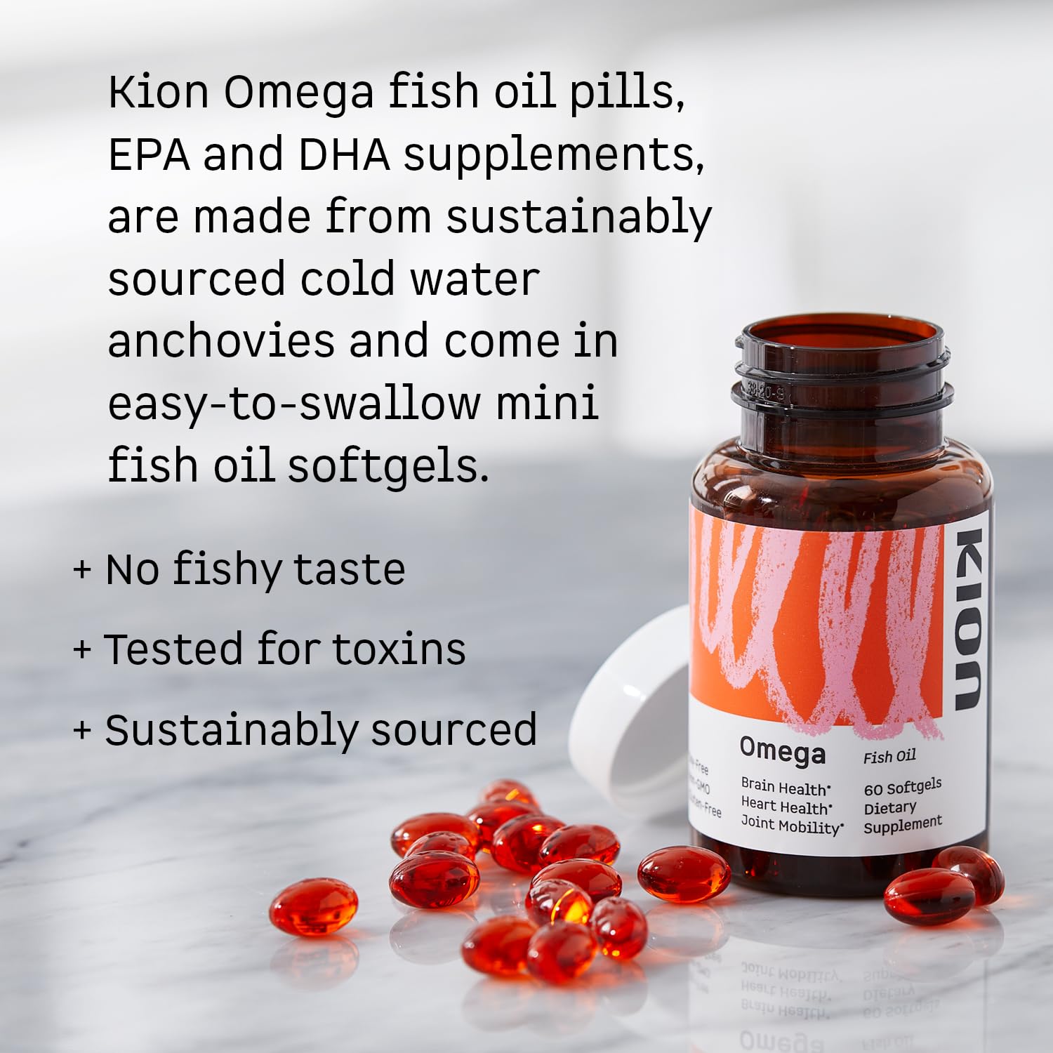 Kion acercamiento a softgel destacando textura y tamaño fácil de tragar