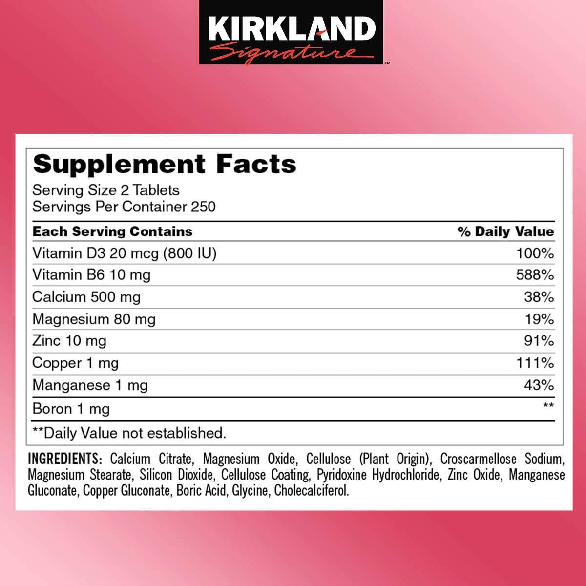 KIRKLAND primer plano de tableta con textura y tamaño visible para dosificación