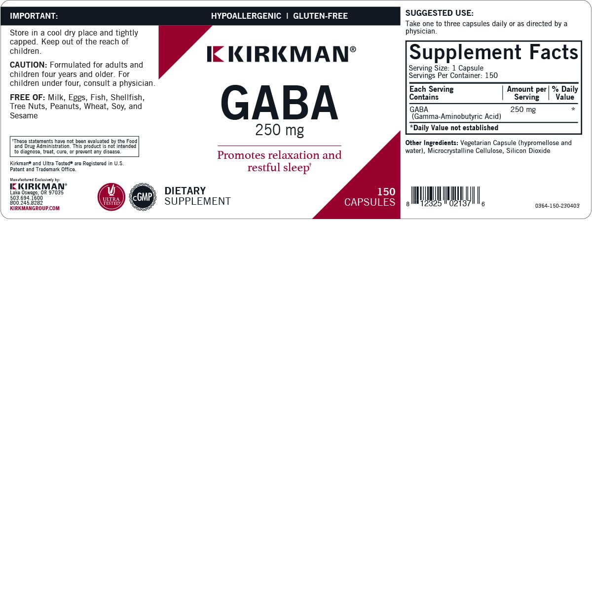 Kirkman etiqueta detallada con ingredientes y pruebas de pureza visibles