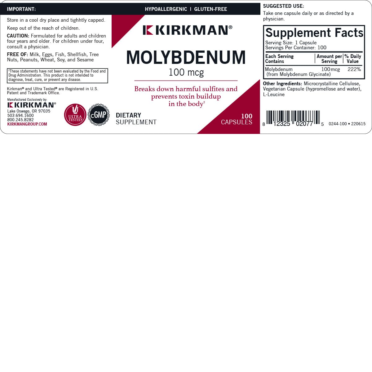 Kirkman polvo interior de cápsula destacando ingrediente molibdeno puro