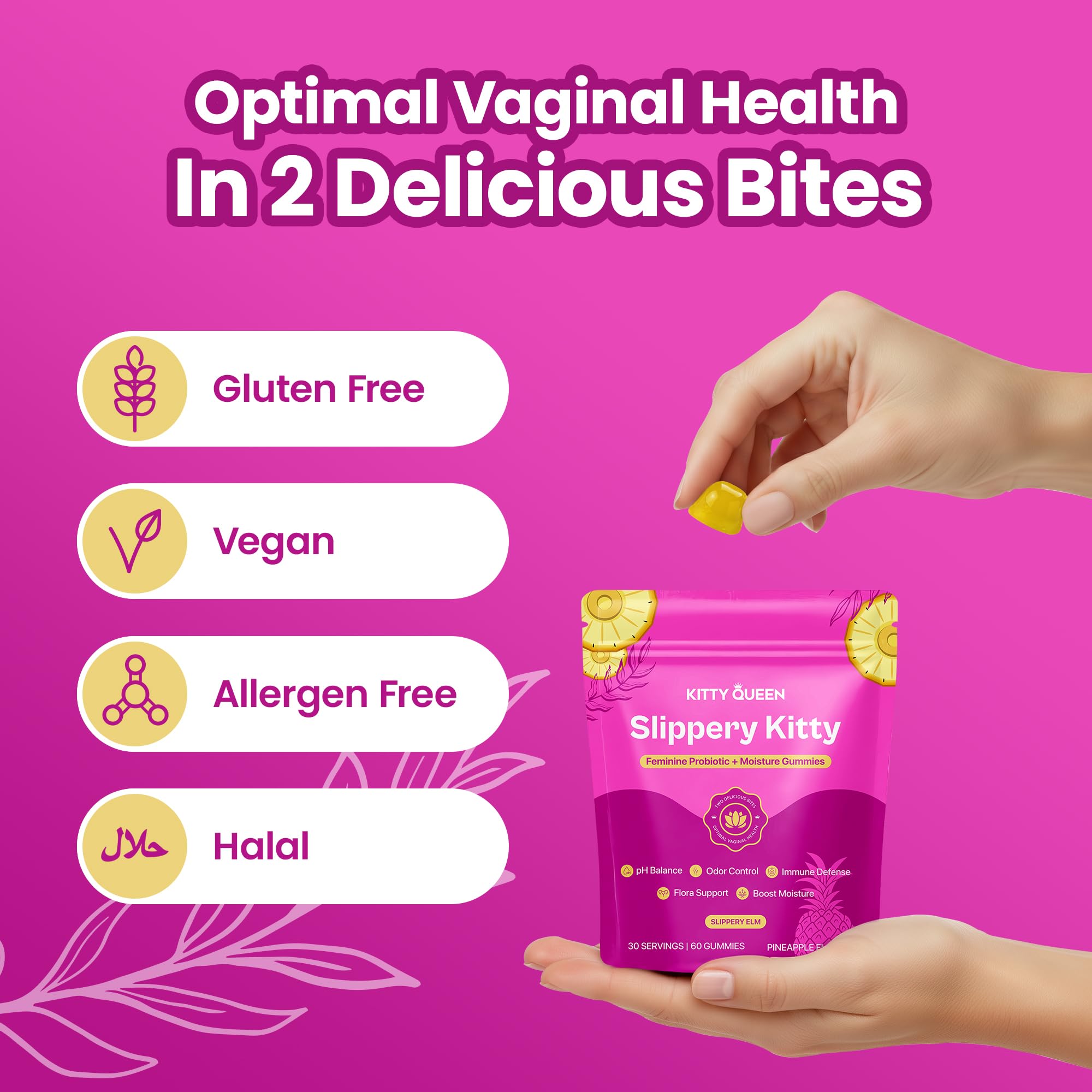 KITTYQUEEN ingredientes clave Bacillus coagulans y slippery elm indicando soporte de flora