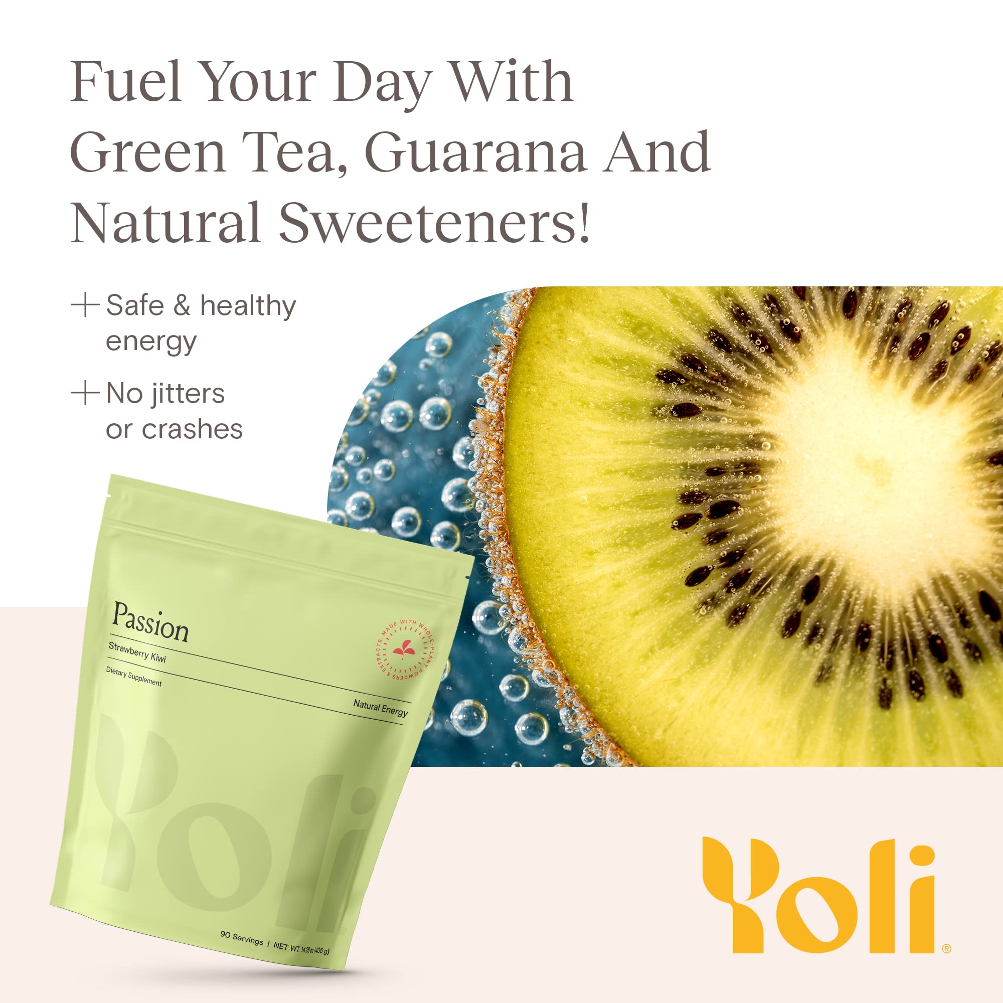 Yoli Passion bebida kiwi fresa en vaso, refresco sin azúcar energizante