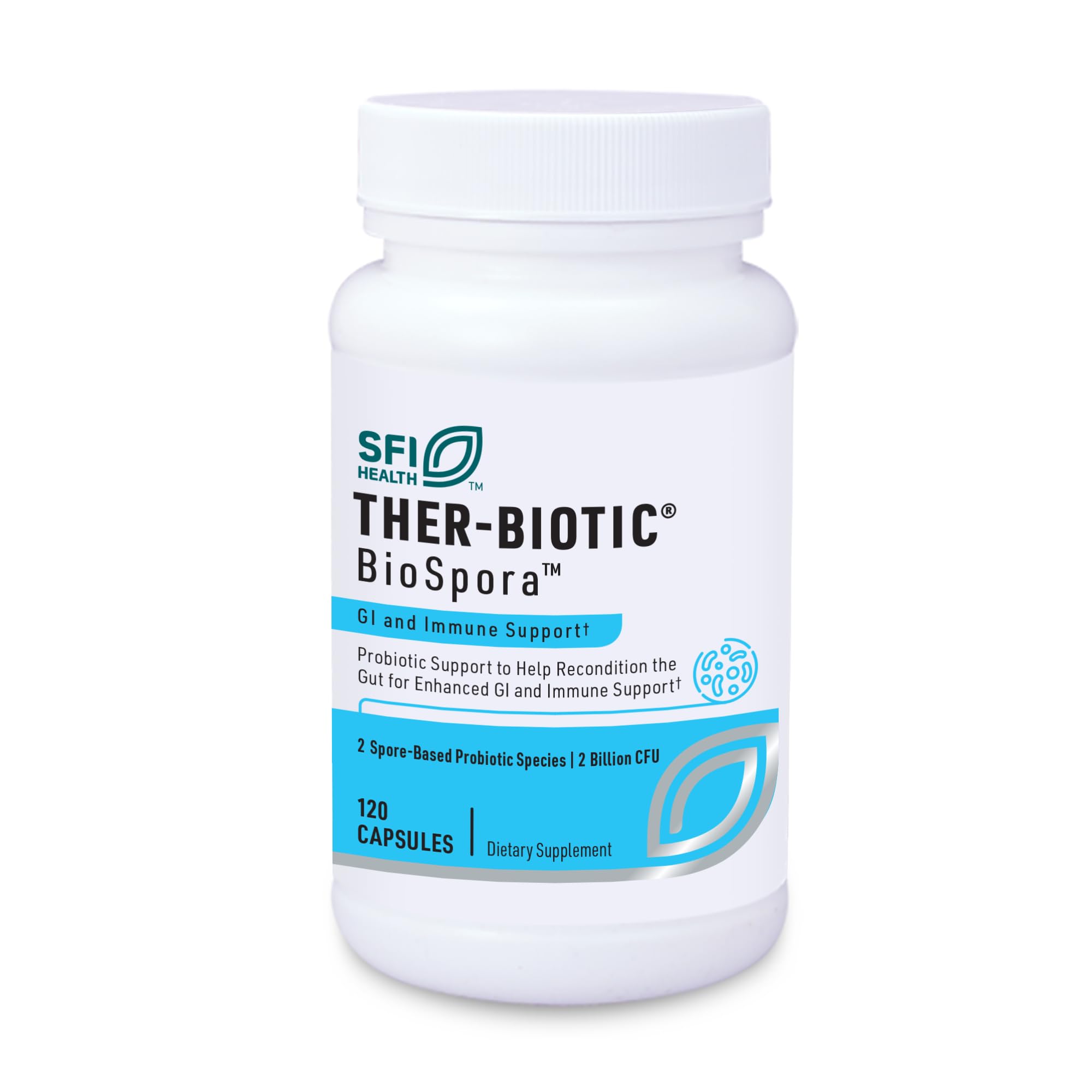 Klaire Labs BioSpora frasco frontal mostrando la dosis y beneficio digestivo