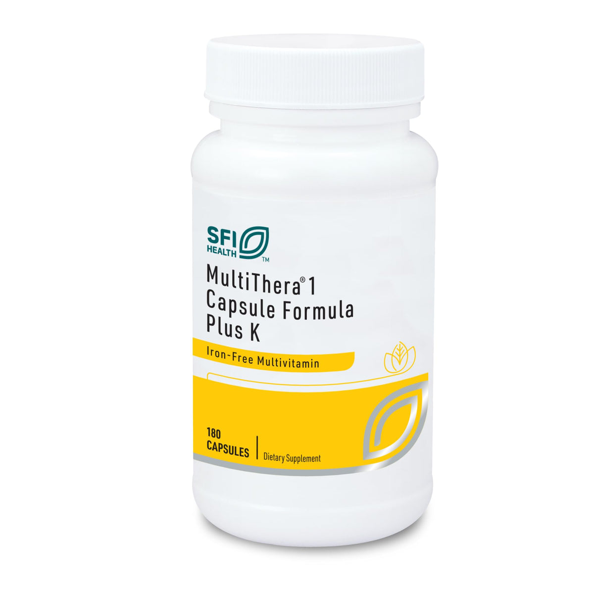 SFI Health Klaire Labs multithera frente del envase muestra dos beneficios: fórmula completa y sin hierro