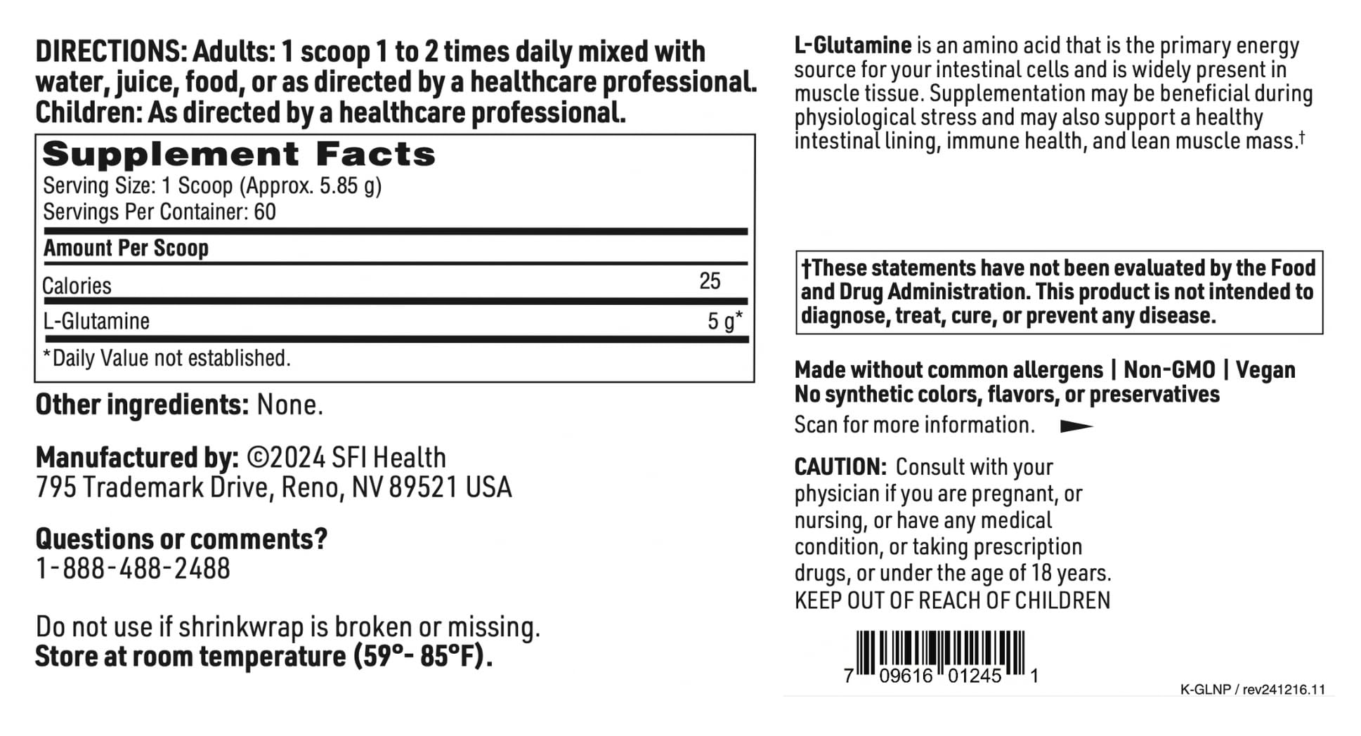 Detalle de etiqueta Klaire Labs SFI Health mostrando lista de ingredientes y ausencia de alérgenos