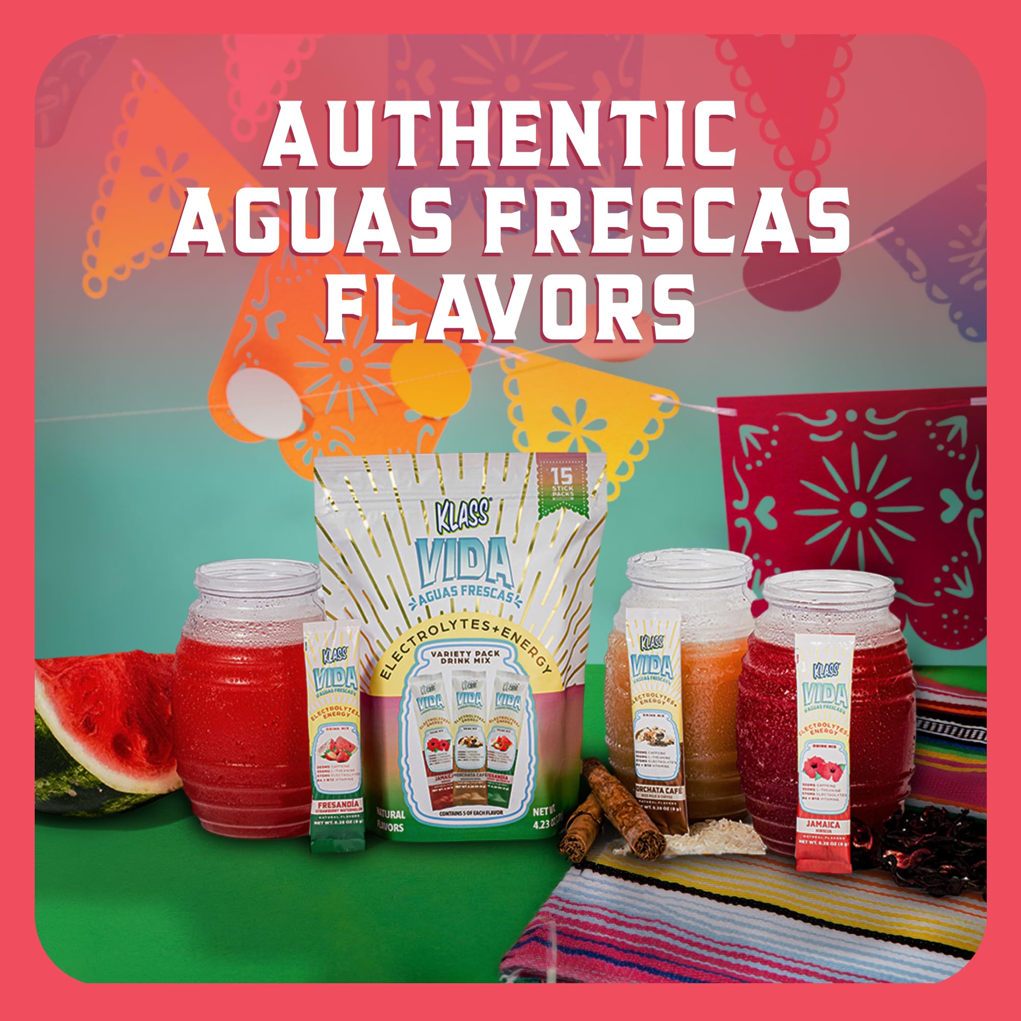 KLASS VIDA tres sobres alineados mostrando los sabores de aguas frescas