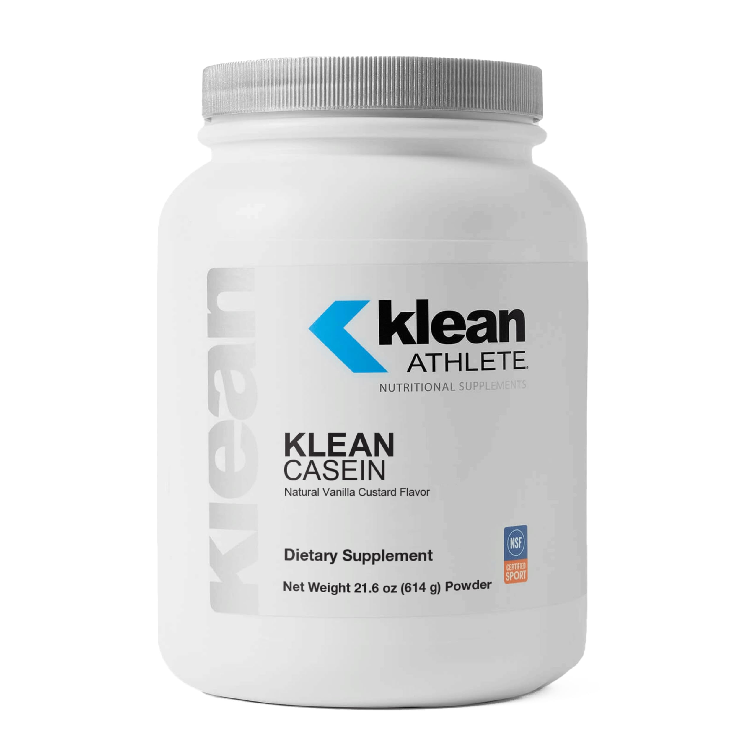 Klean Athlete envase frontal de Klean Casein mostrando la marca y beneficio de recuperación